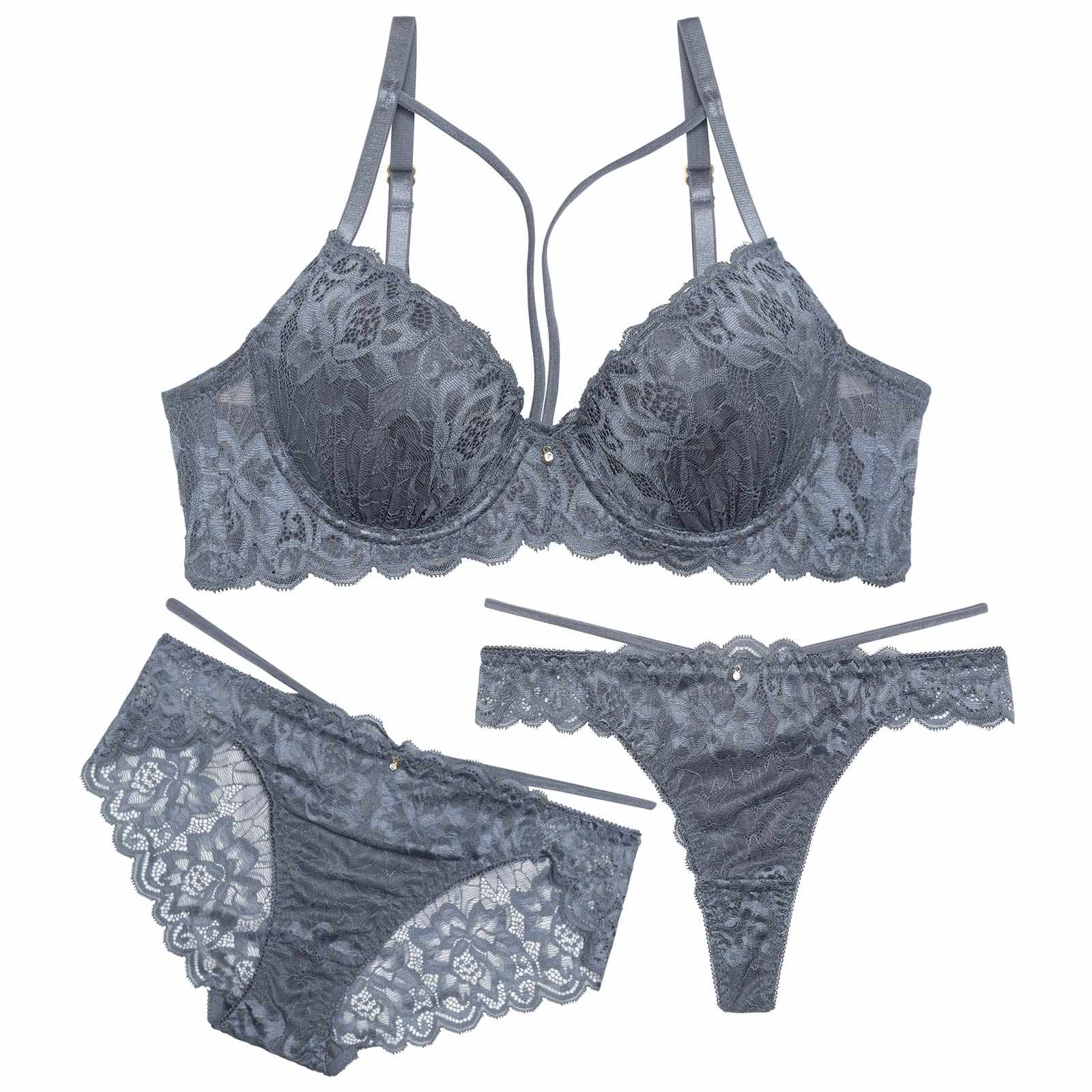 【3点セット】フローリッシュコードレースブラジャー&バック透けフルバック&Tバックショーツ