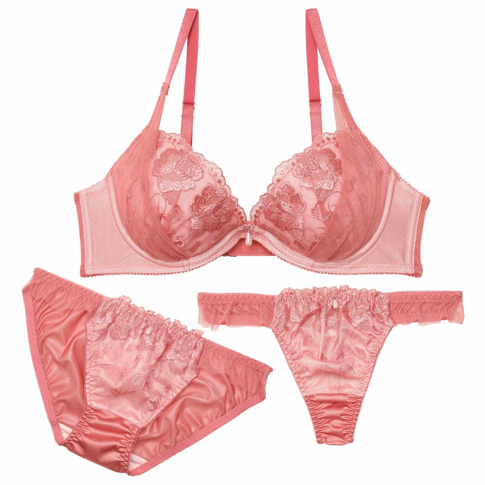 【3点セット】メロウチュールフラワーブラジャー&フルバック&Tバックショーツ