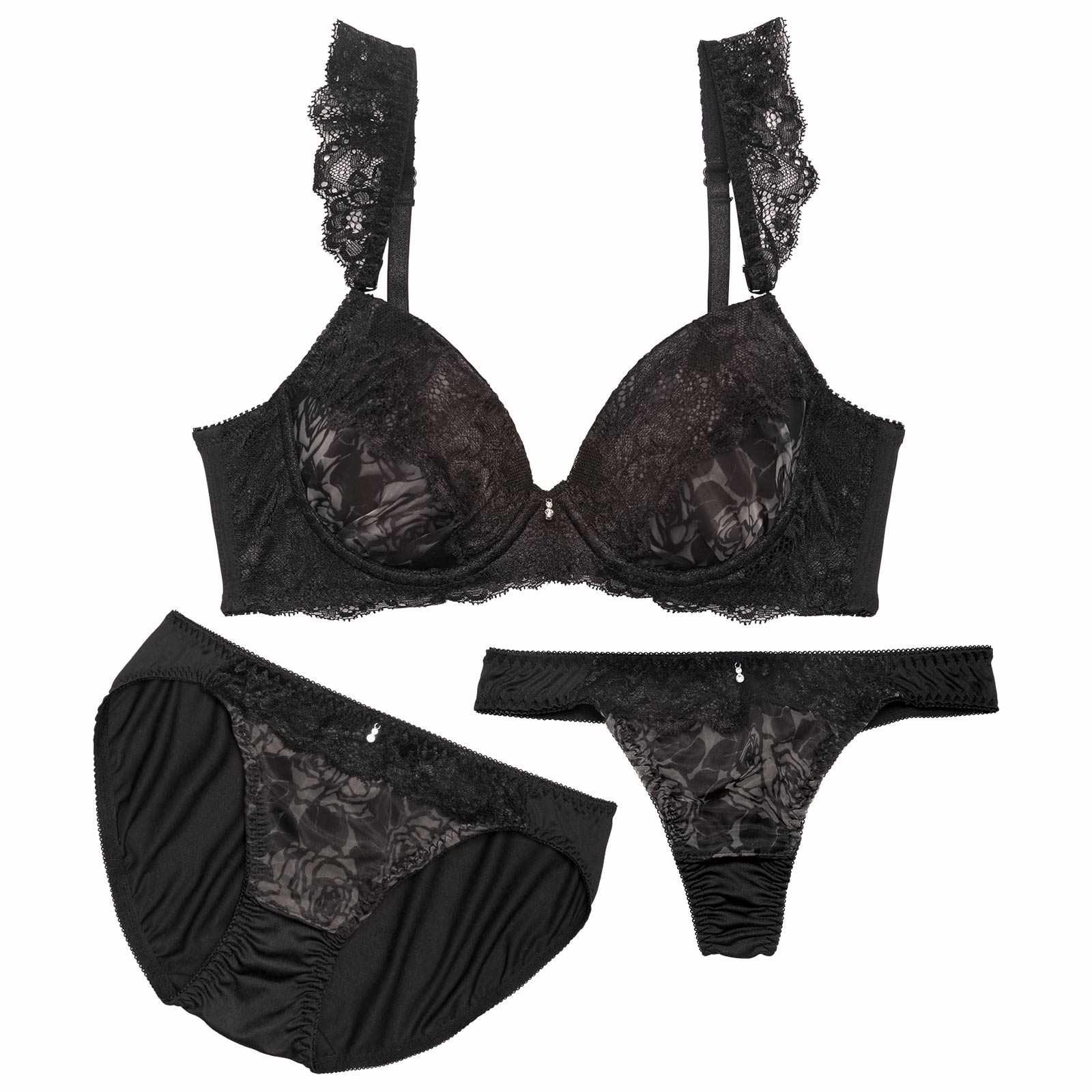 【3点セット】アンティークローズレーシィ育乳脇高ブラジャー&フルバック&Tバックショーツ