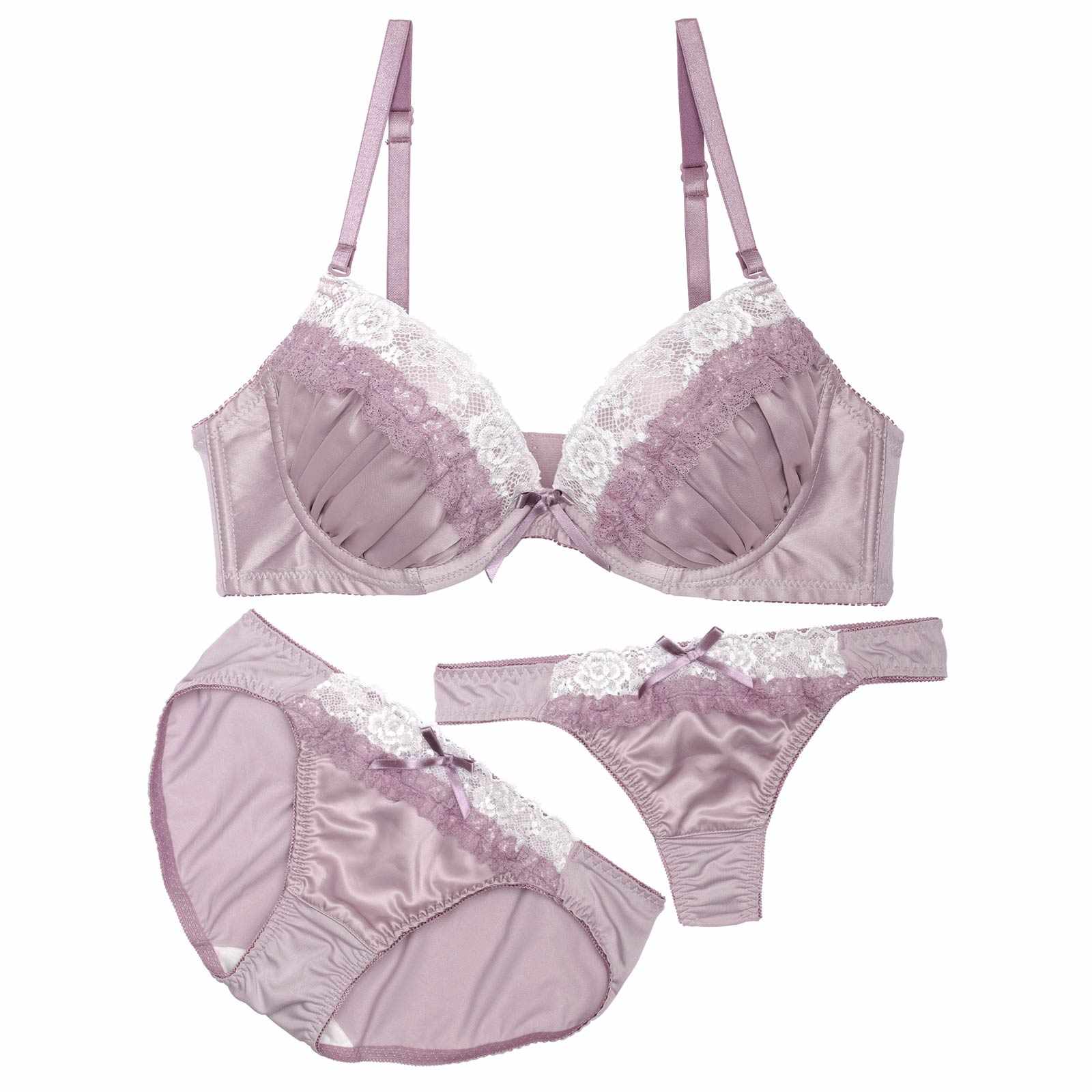 【3点セット】クラシカルレーシィサテンブラジャー&フルバック&Tバックショーツ - 【公式】247Lingerie