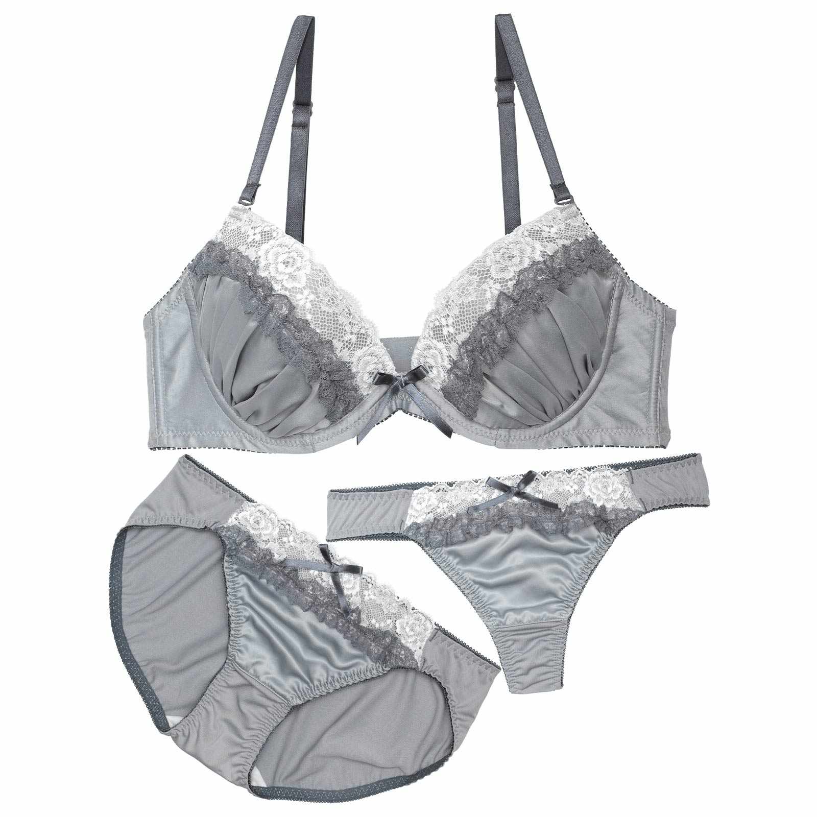 【3点セット】クラシカルレーシィサテンブラジャー&フルバック&Tバックショーツ