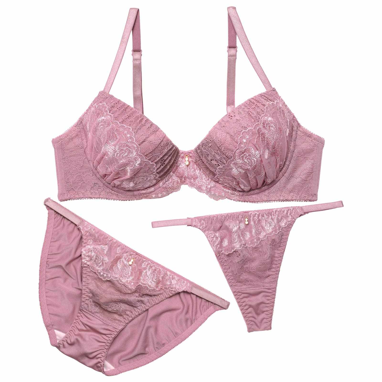 【3点セット】プリーツレーシィフルールブラジャー&フルバック&Tバックショーツ