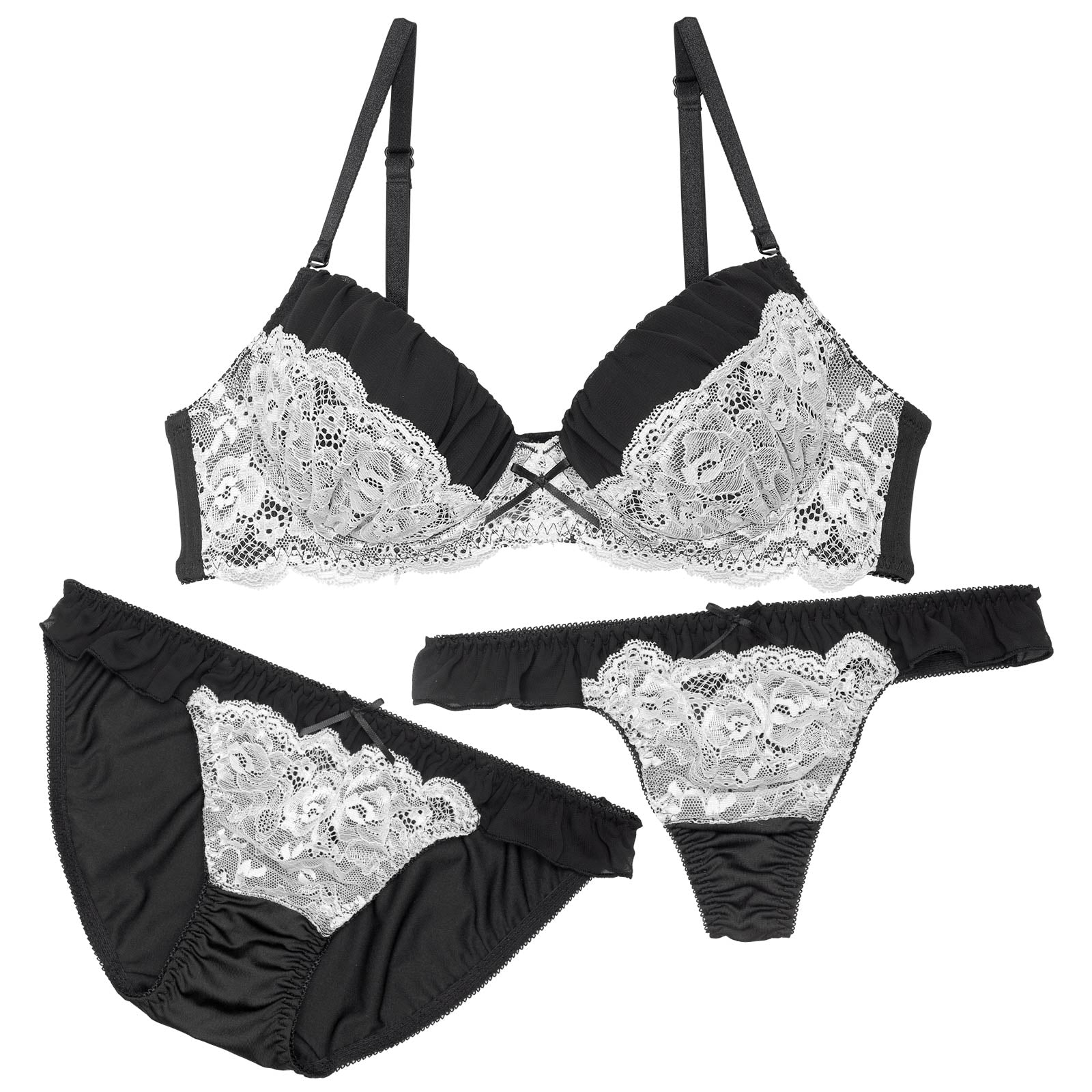 【3点セット】チュールロゼットレースブラジャー&フルバック&Tバックショーツ - 【公式】247Lingerie