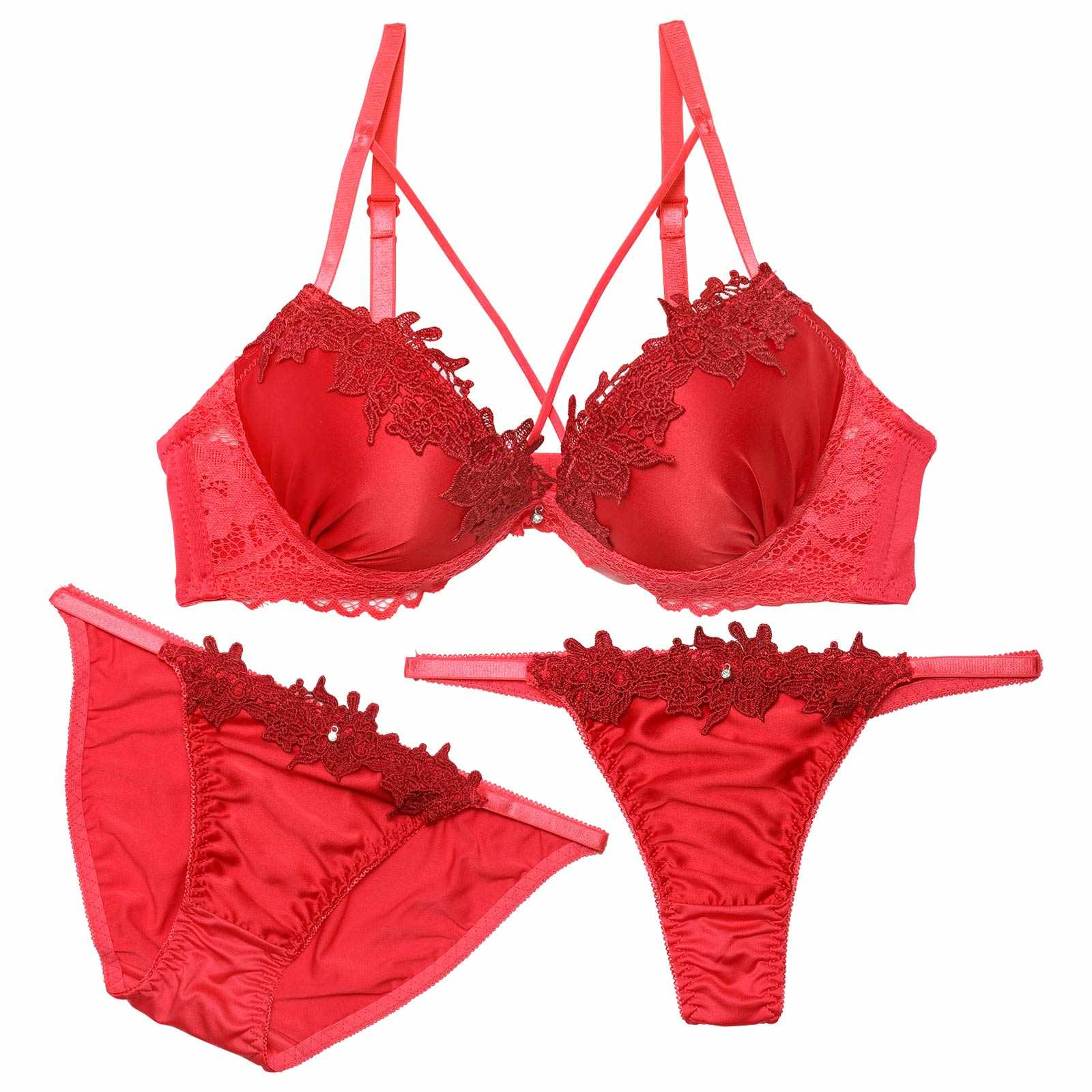 【3点セット】【GHIサイズ】フラワーケミカルレースコードブラジャー&フルバック&Tバックショーツ