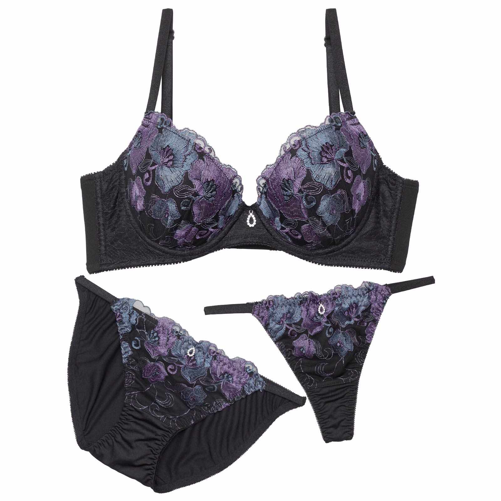 【3点セット】マーベラスフルールエンブロイダリー育乳脇高ブラジャー&フルバック&Tバックショーツ