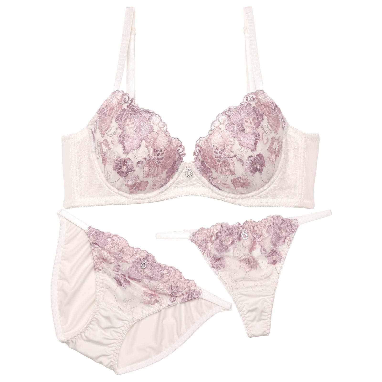 【3点セット】マーベラスフルールエンブロイダリー育乳脇高ブラジャー&フルバック&Tバックショーツ