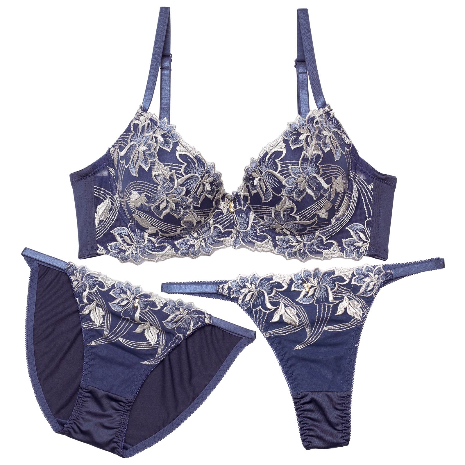 【3点セット】【GHIサイズ】ミスティックアイビーフラワー育乳脇高ブラジャー&フルバック&Tバックショーツ