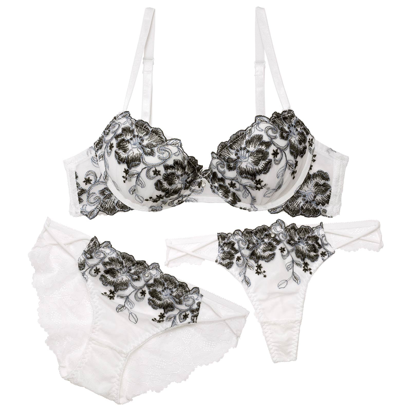 【3点セット】ブルーミングクロスコード育乳脇高ブラジャー&バック透けフルバック&Tバックショーツ