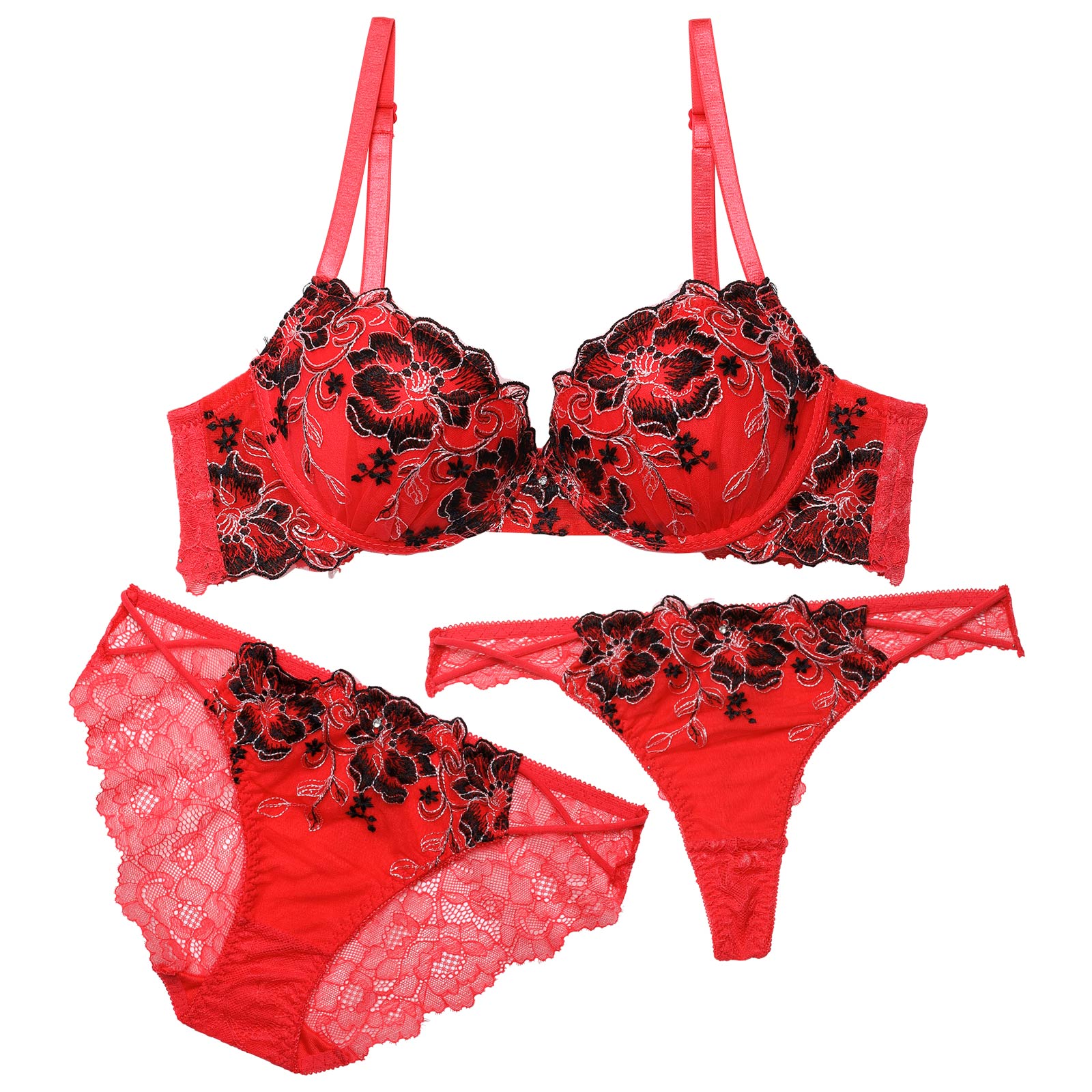 【3点セット】ブルーミングクロスコード育乳脇高ブラジャー&バック透けフルバック&Tバックショーツ