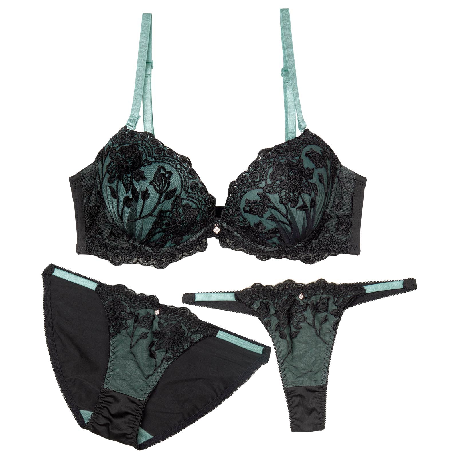 【かとゆり着用】【3点セット】フルールアーチノワール育乳脇高ブラジャー&フルバック&Tバックショーツ