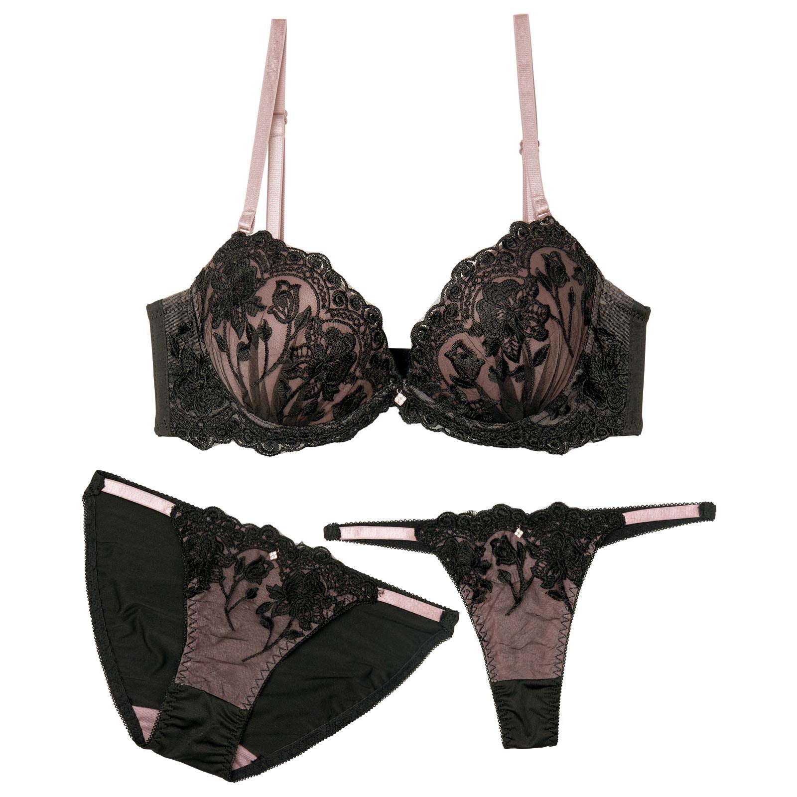 【かとゆり着用】【3点セット】フルールアーチノワール育乳脇高ブラジャー&フルバック&Tバックショーツ