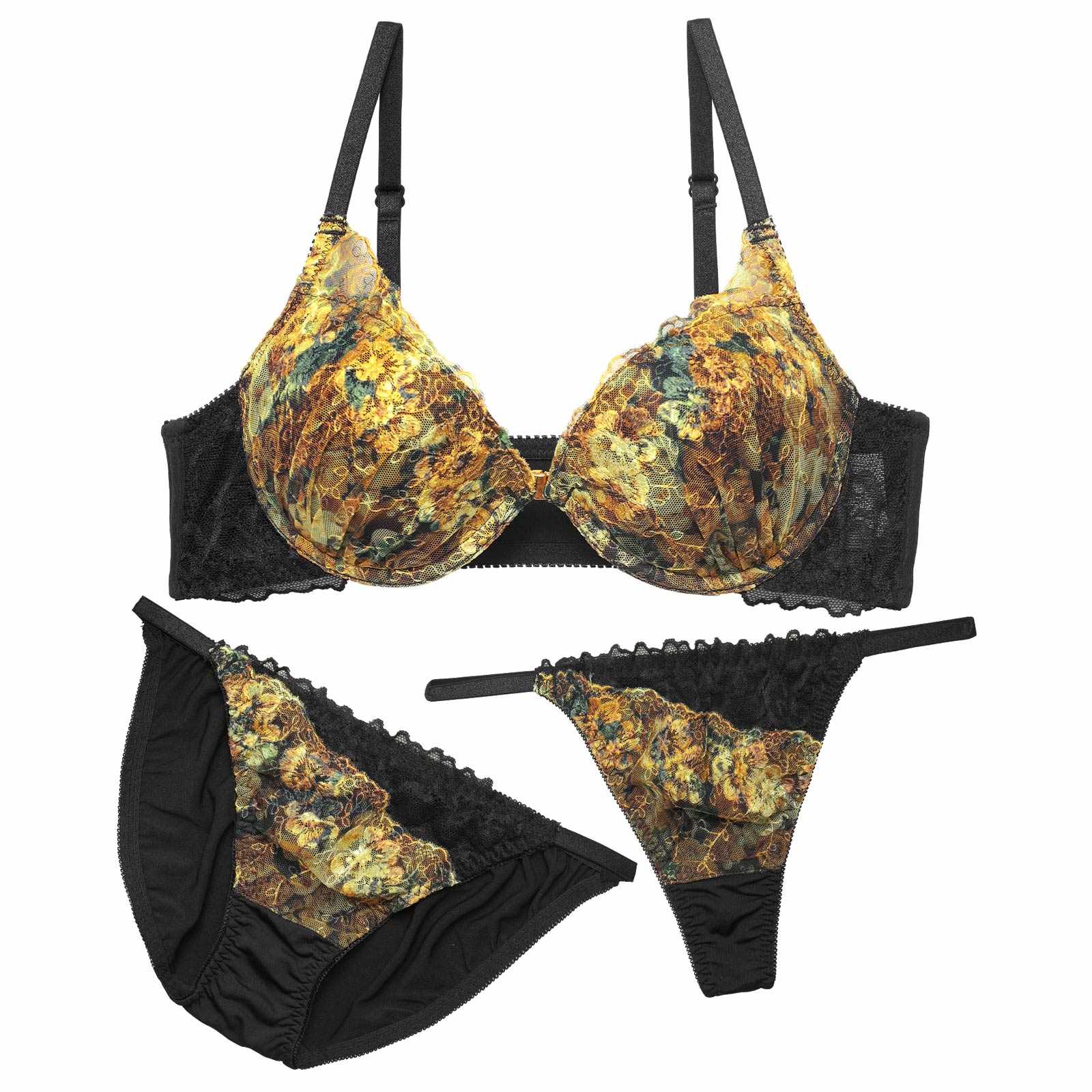 【3点セット】アンティークブルームフロントホックブラジャー&フルバック&Tバックショーツ