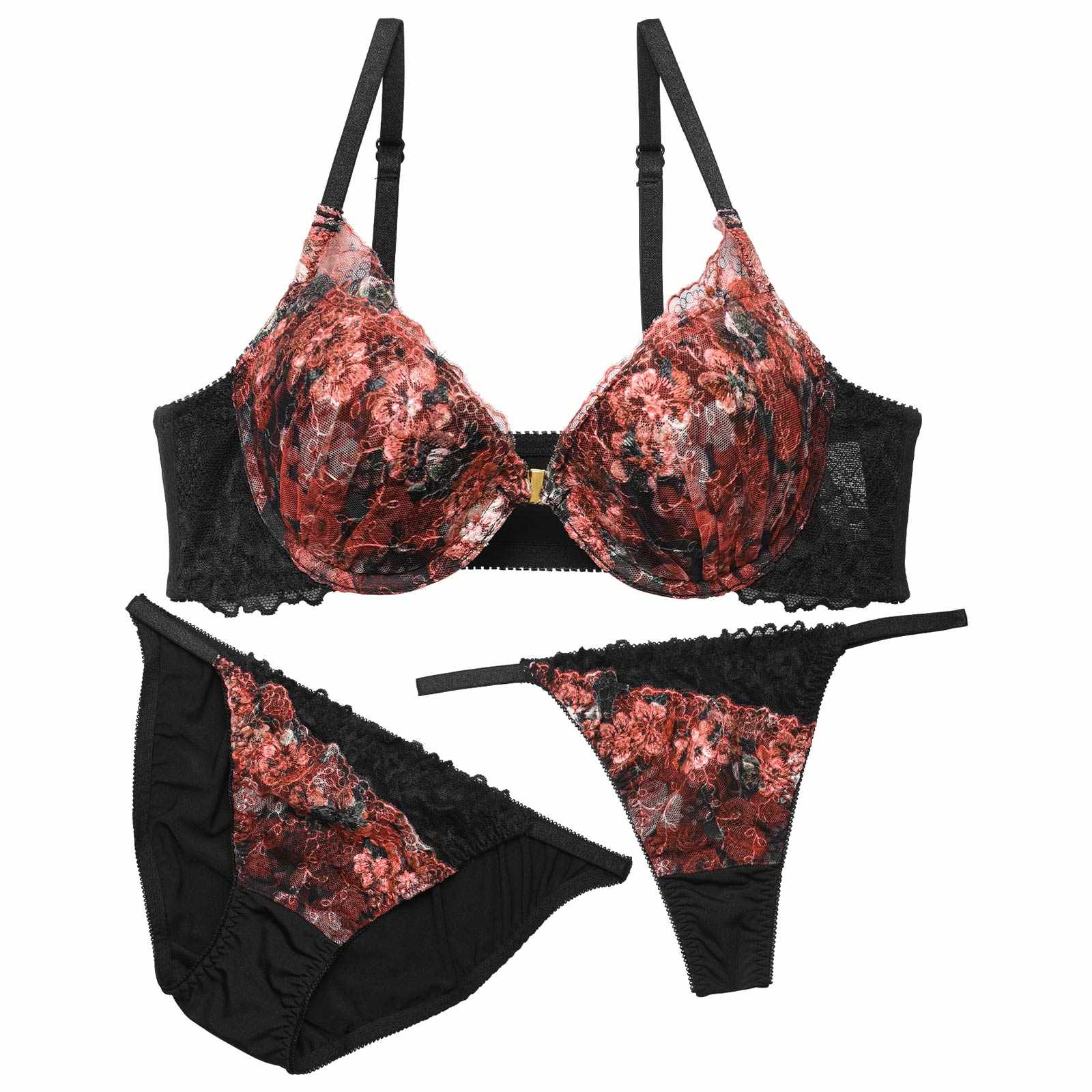 【3点セット】アンティークブルームフロントホックブラジャー&フルバック&Tバックショーツ