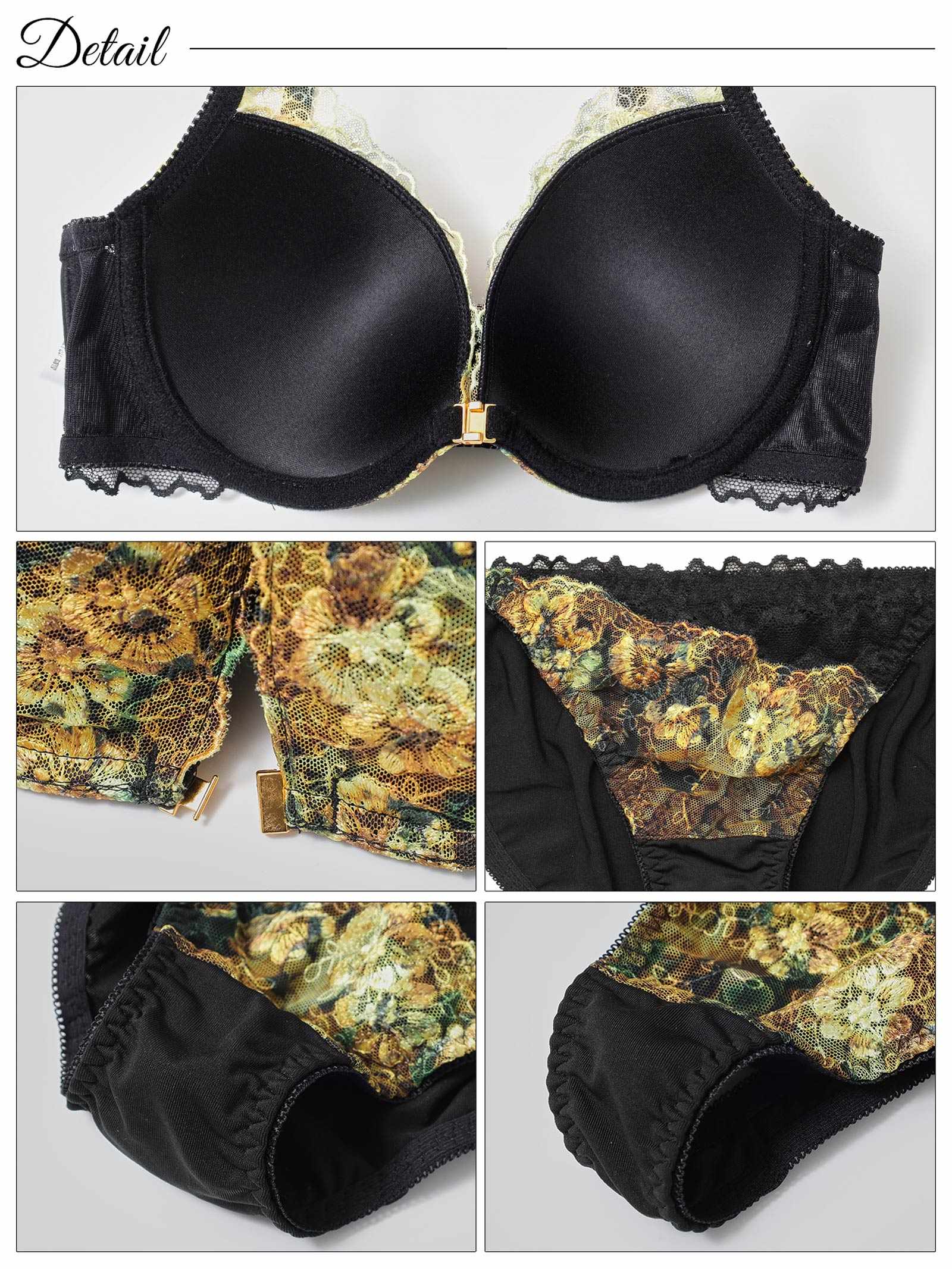 2/17新作!【3点セット】アンティークブルームフロントホックブラジャー&フルバック&Tバックショーツ
