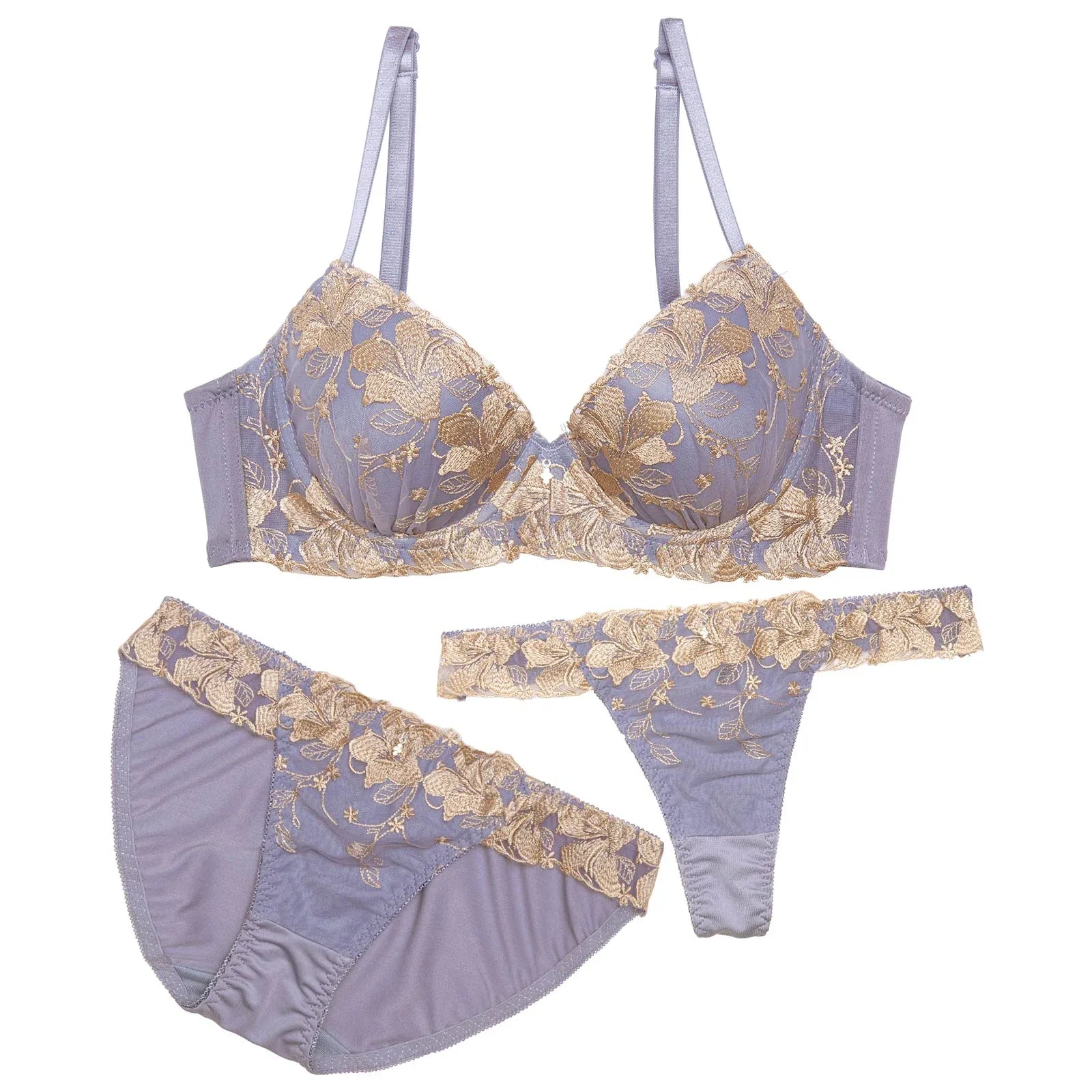 【3点セット】ビューティフルダスティリリー育乳脇高ブラジャー&フルバック&Tバックショーツ - 【公式】247Lingerie