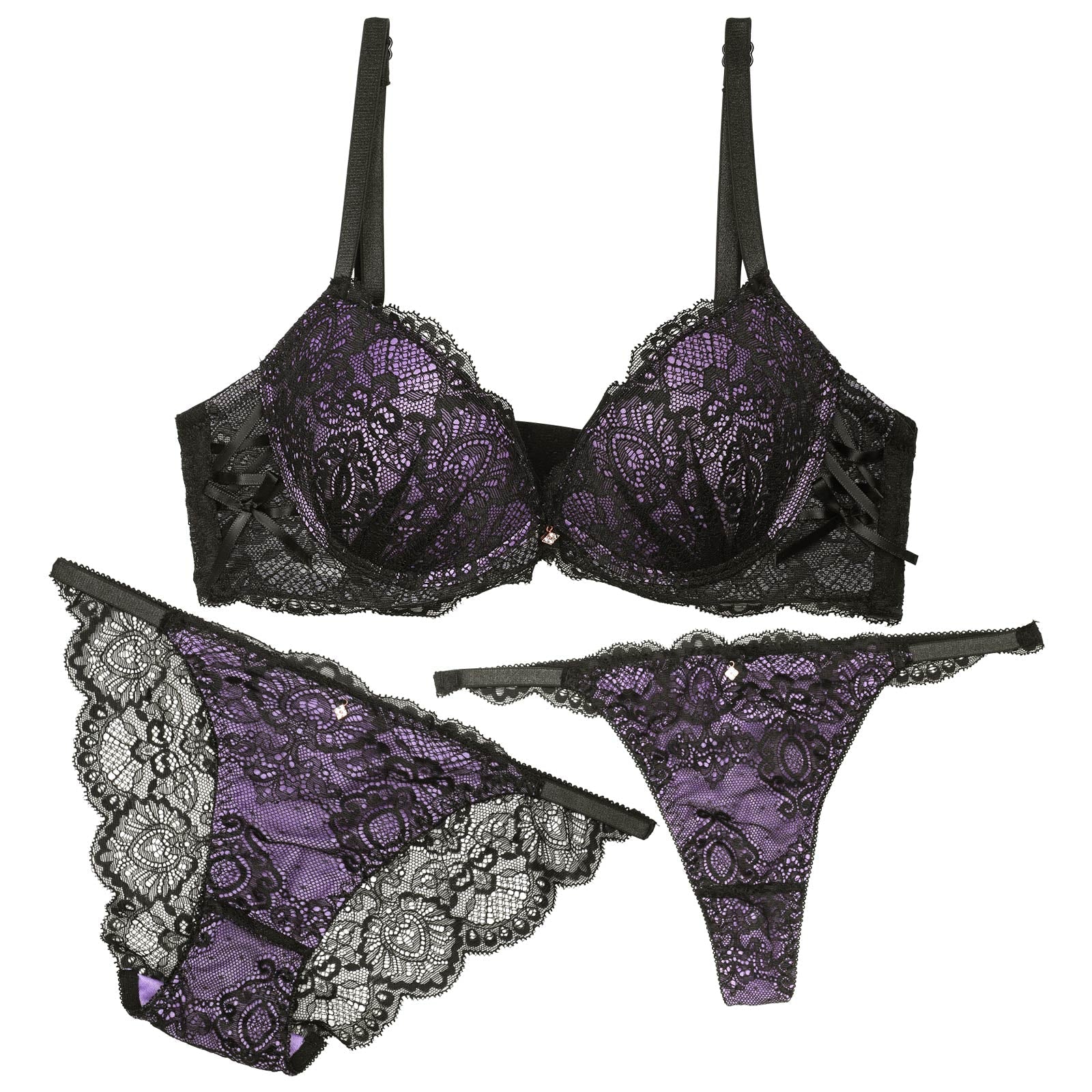 【3点セット】ダークシアーレースアップ育乳脇高ブラジャー&バック透けフルバック&Tバックショーツ