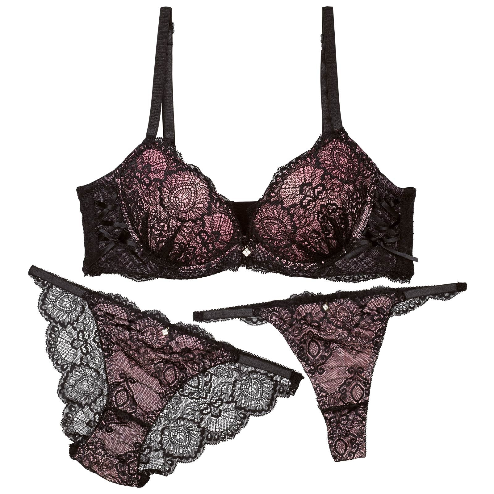 【3点セット】ダークシアーレースアップ育乳脇高ブラジャー&バック透けフルバック&Tバックショーツ - 【公式】247Lingerie