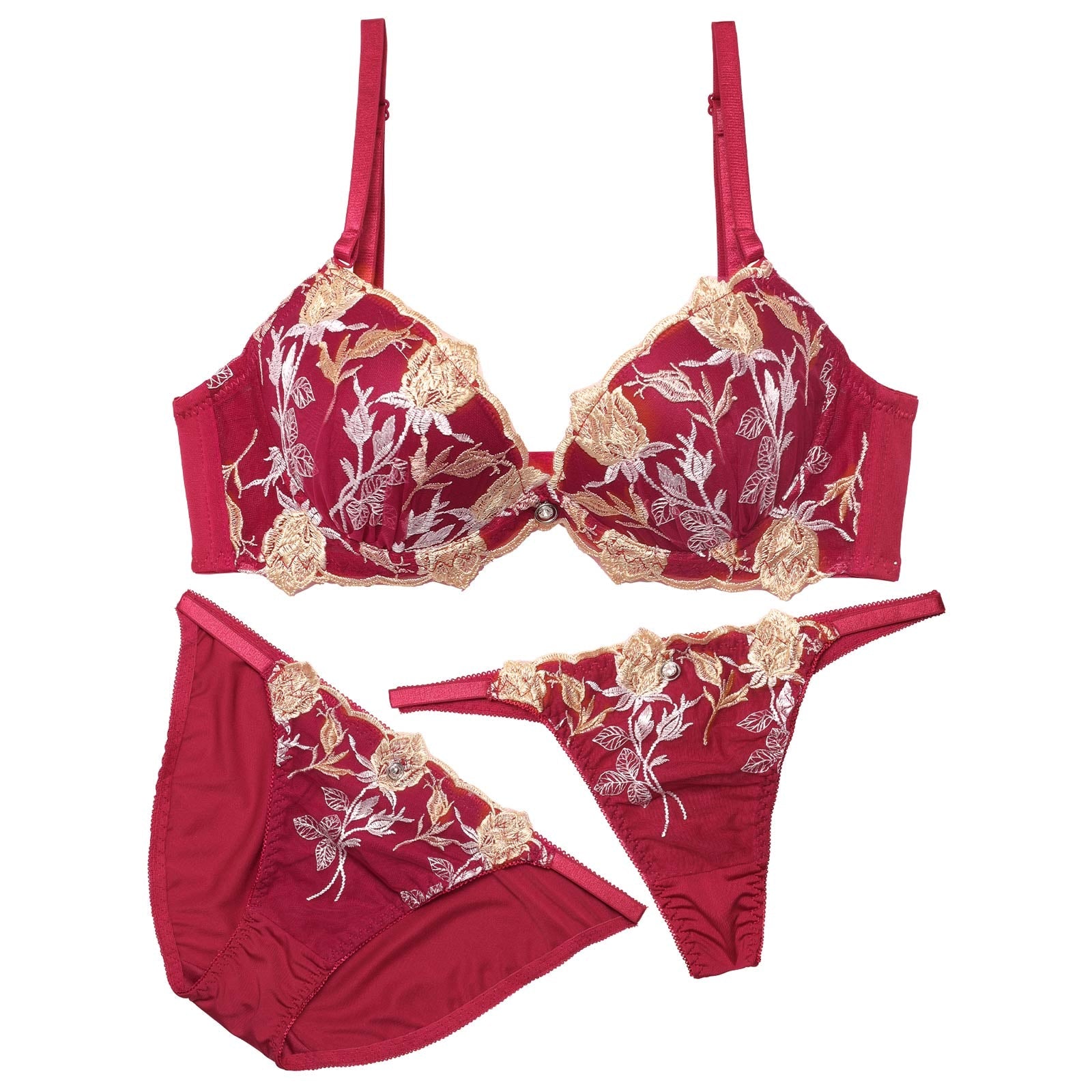 【3点セット】エレガントフラワーズバッド育乳脇高ブラジャー&フルバック&Tバックショーツ