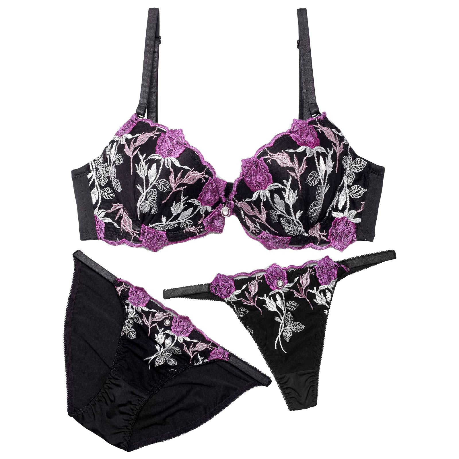 【3点セット】エレガントフラワーズバッド育乳脇高ブラジャー&フルバック&Tバックショーツ