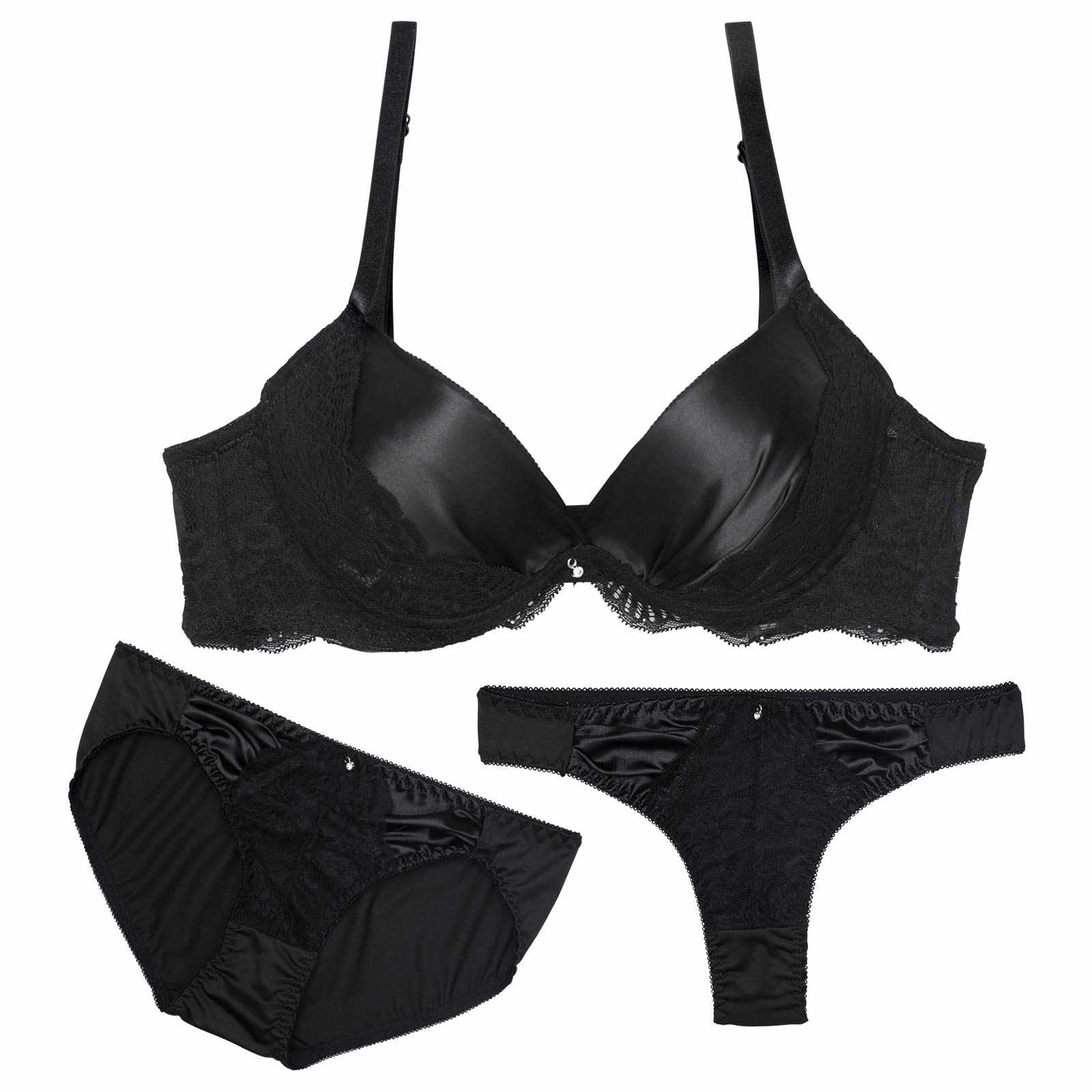 【3点セット】グレイスフルサテンレース育乳脇高ブラジャー&フルバック&Tバックショーツ