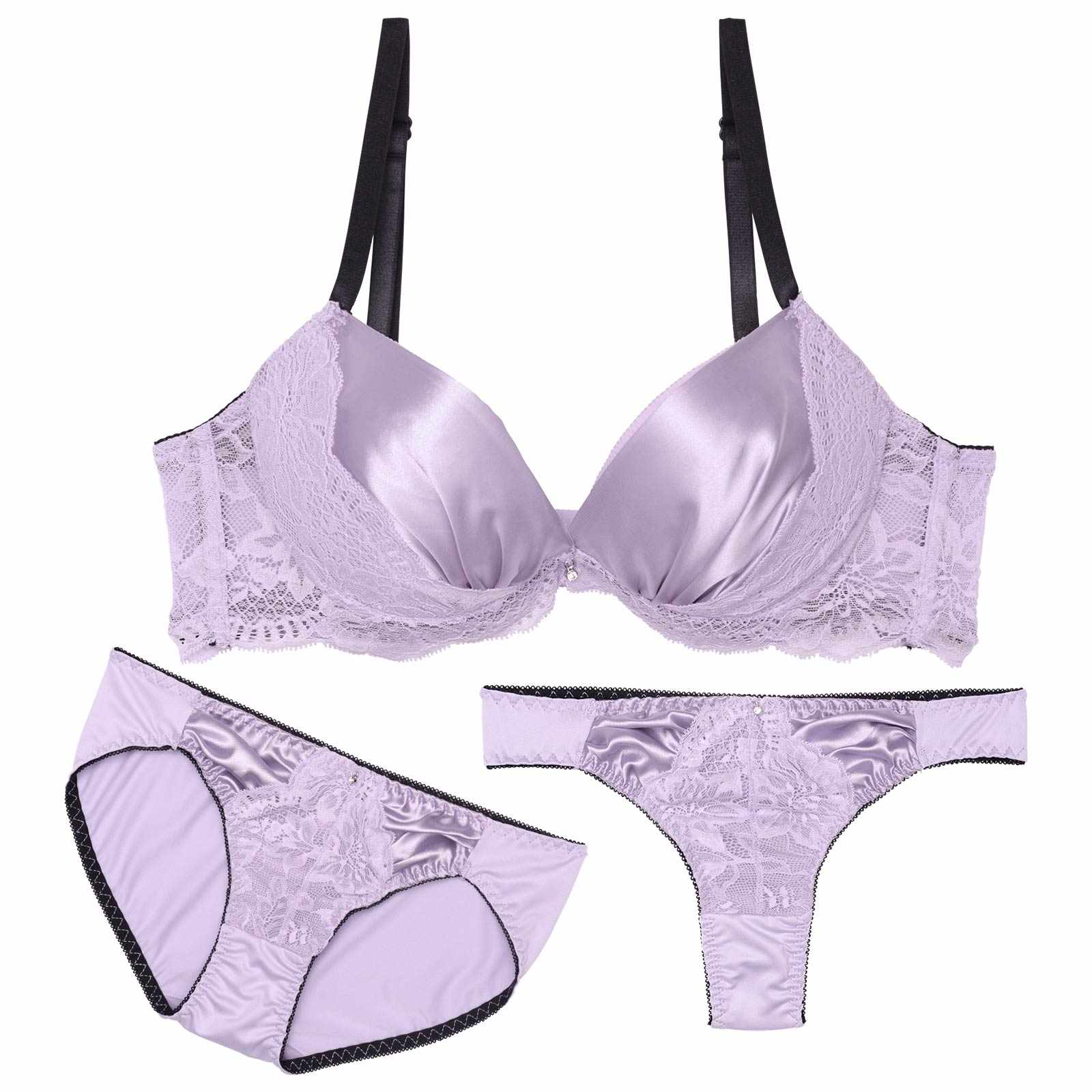 【3点セット】【GHサイズ】グレイスフルサテンレース育乳脇高ブラジャー&フルバック&Tバックショーツ