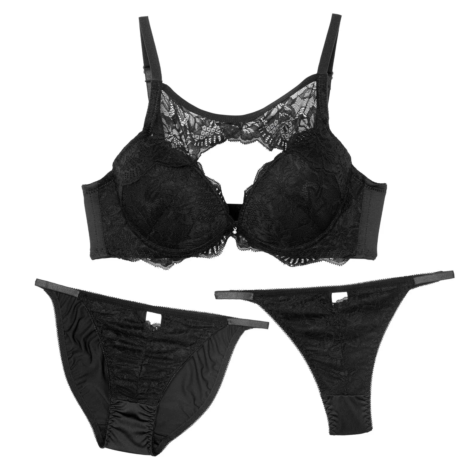 【3点セット】レーシィカットホール育乳脇高ブラジャー&フルバック&Tバックショーツ