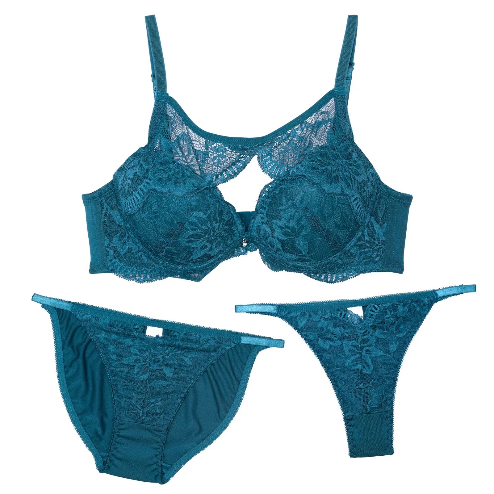 【3点セット】レーシィカットホール育乳脇高ブラジャー&フルバック&Tバックショーツ