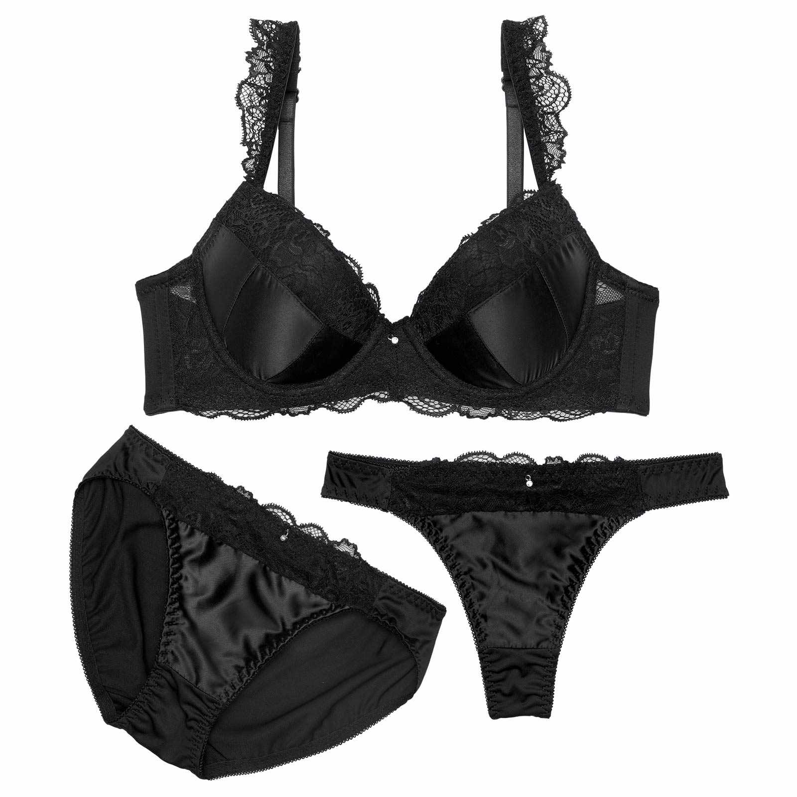 【3点セット】クラッシーサテンレースブラジャー&フルバック&Tバックショーツ