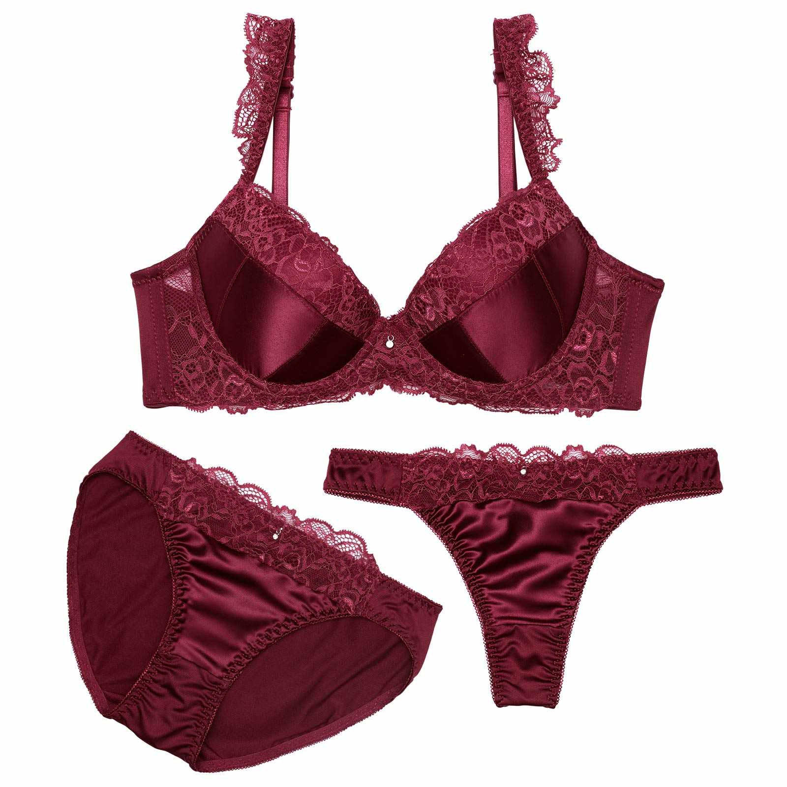 【3点セット】クラッシーサテンレースブラジャー&フルバック&Tバックショーツ