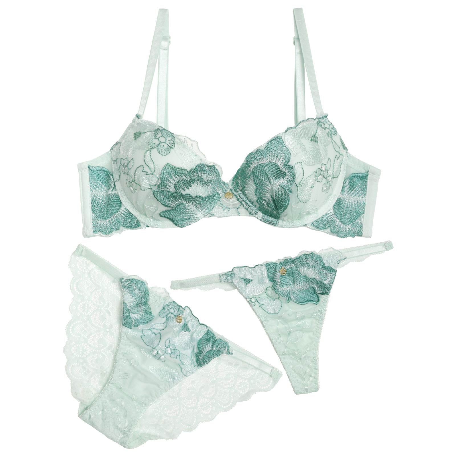 【3点セット】クラシックローズチャーム育乳脇高ブラジャー&バック透けフルバック&Tバックショーツ