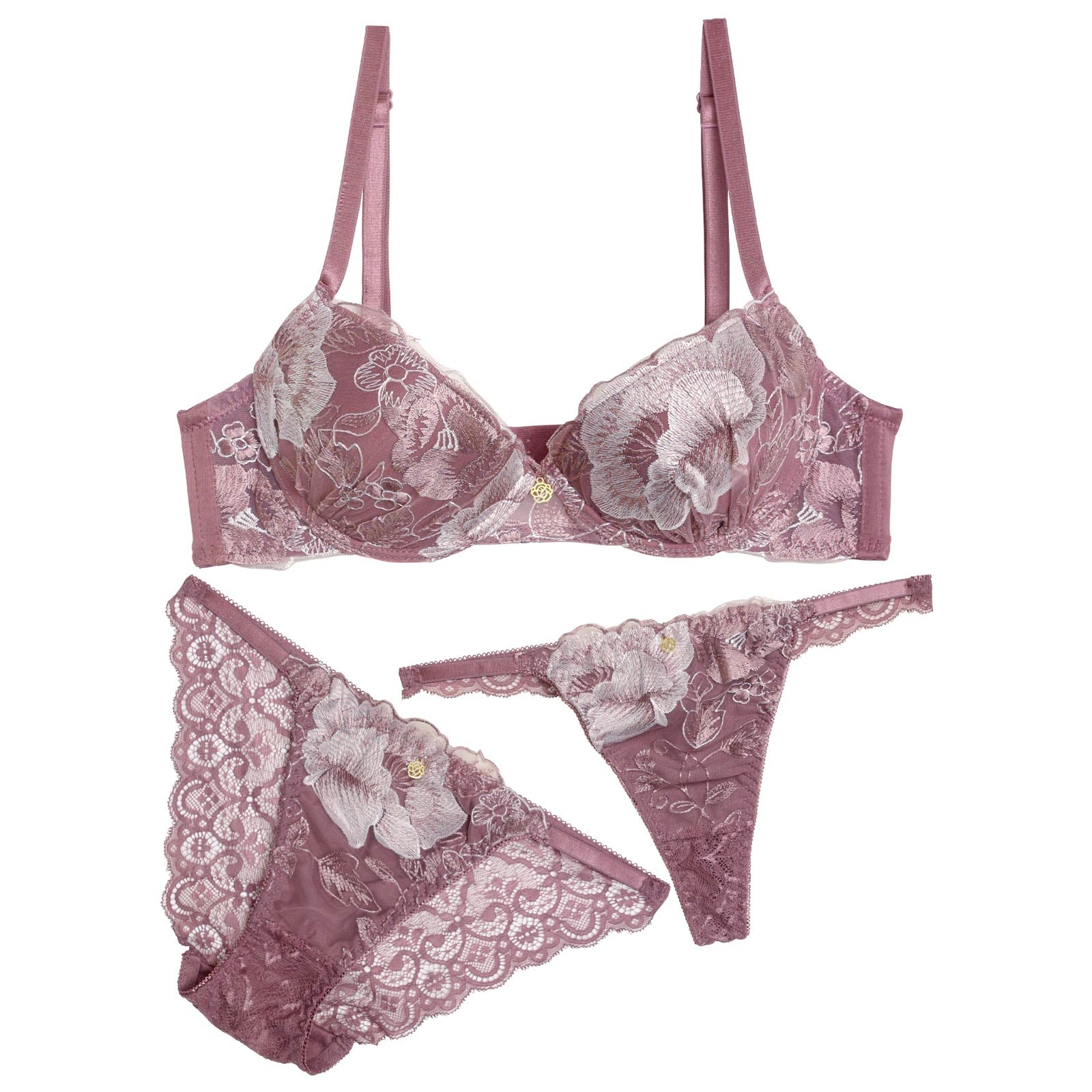 【3点セット】クラシックローズチャーム育乳脇高ブラジャー&バック透けフルバック&Tバックショーツ