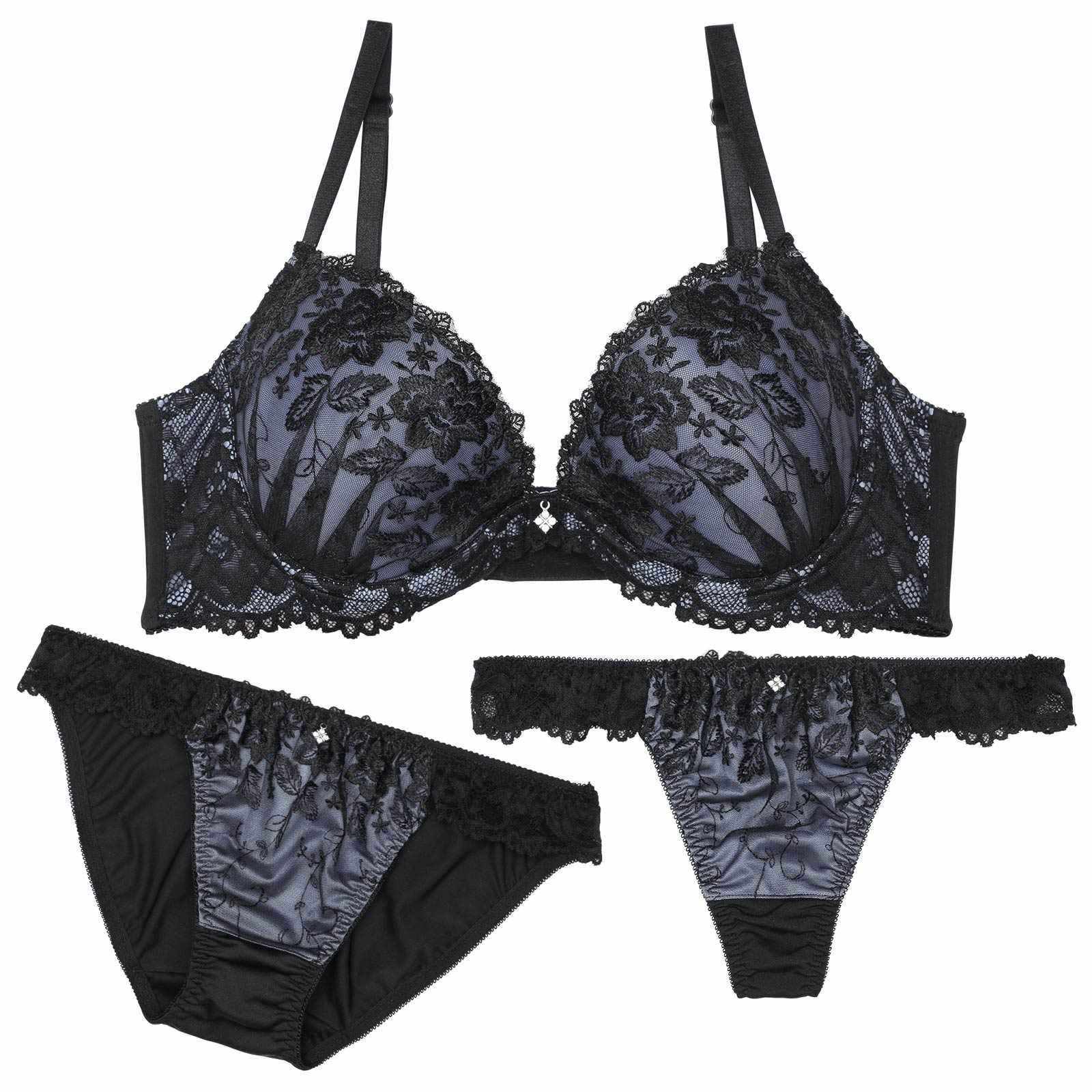 【3点セット】エレガンスダークフラワー育乳脇高ブラジャー&フルバック&Tバックショーツ