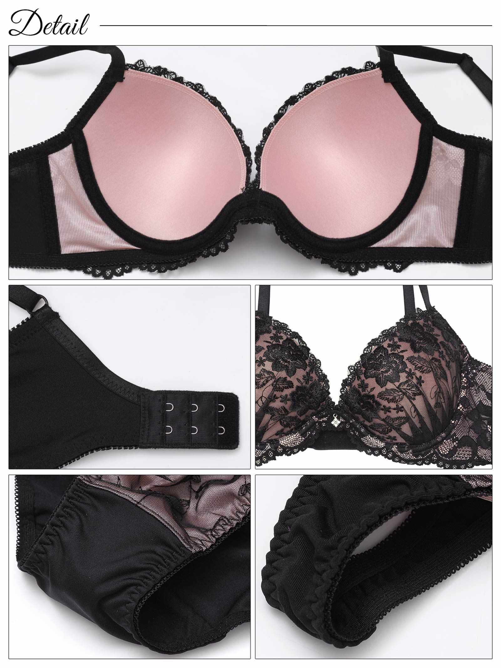 5/21新作!【3点セット】エレガンスダークフラワー育乳脇高ブラジャー&フルバック&Tバックショーツ