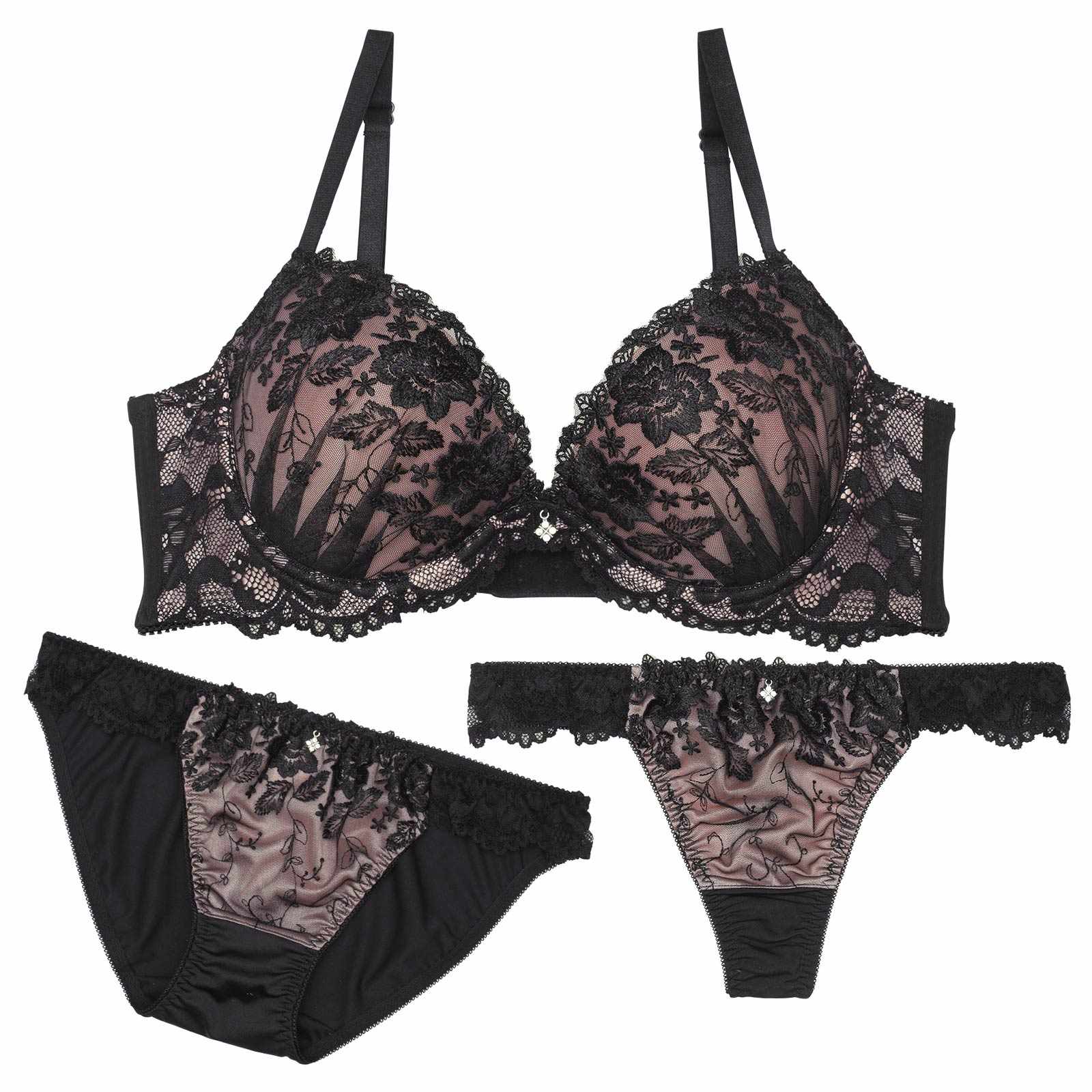 【3点セット】【GHIサイズ】エレガンスダークフラワー育乳脇高ブラジャー&フルバック&Tバックショーツ