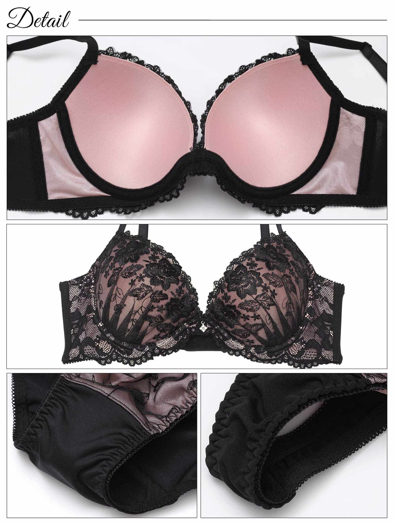 5/21新作!【3点セット】【GHIサイズ】エレガンスダークフラワー育乳脇高ブラジャー&フルバック&Tバックショーツ