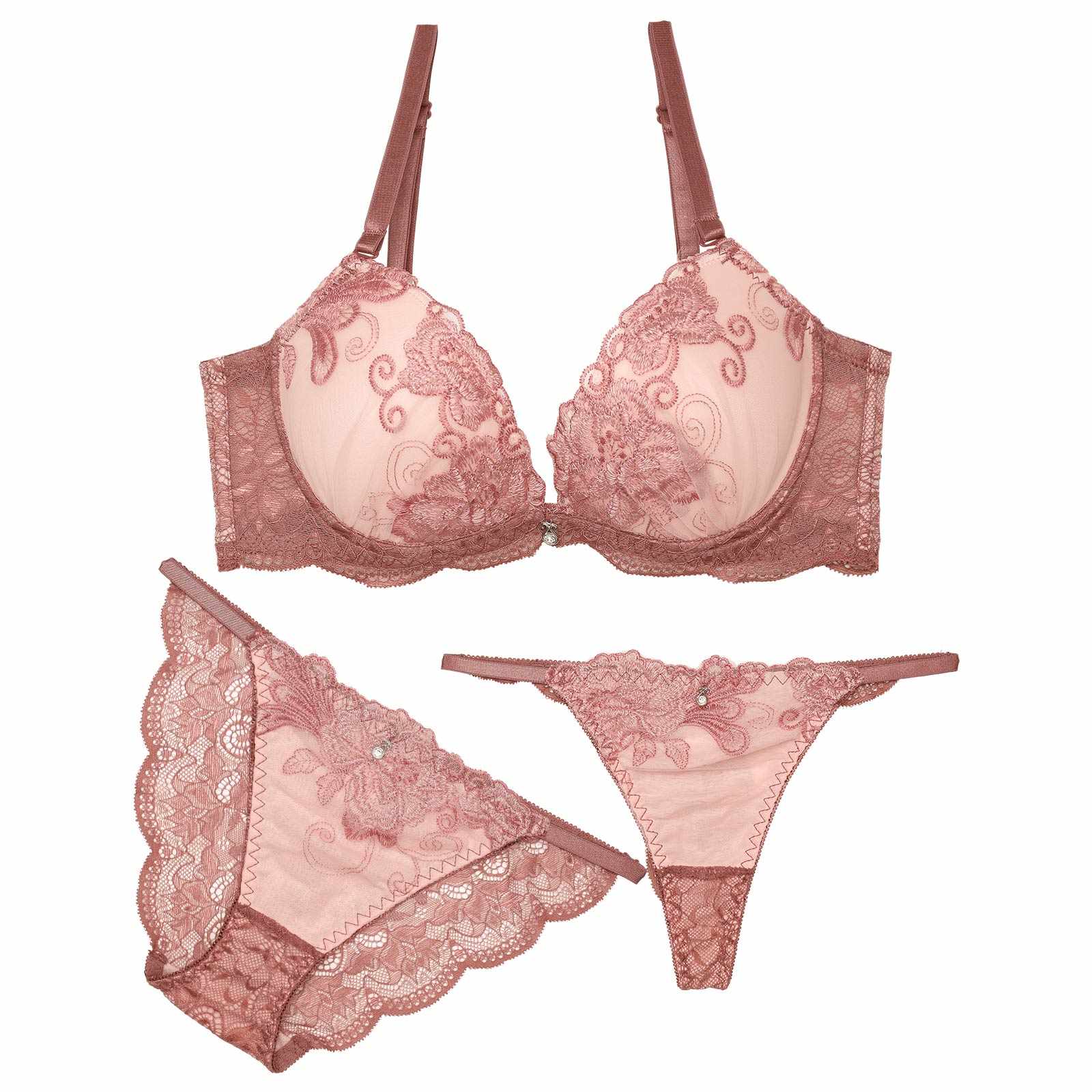 【三上悠亜着用】【3点セット】ローズブロッサムレース育乳脇高ブラジャー&バック透けフルバック&Tバックショーツ