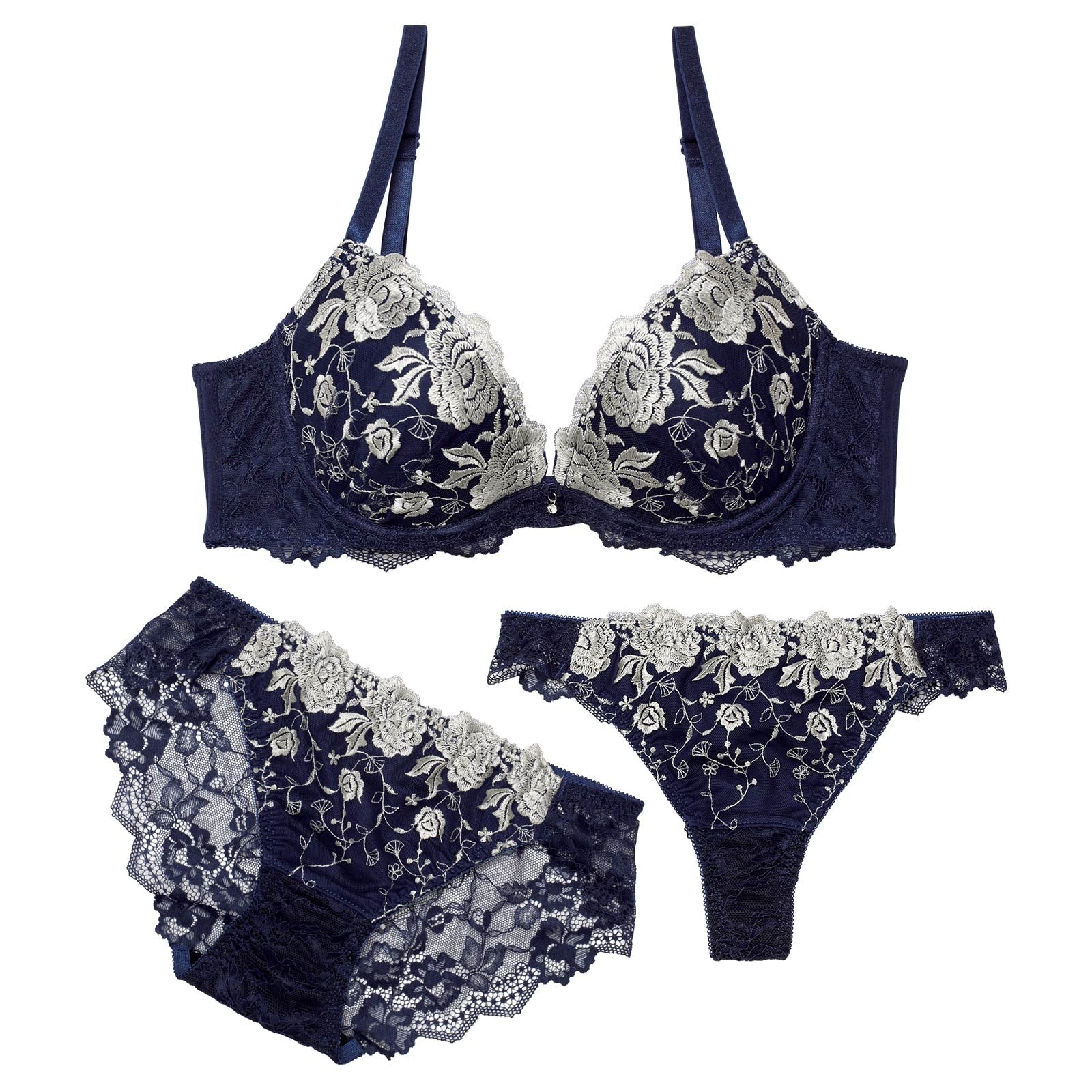 【3点セット】ゴージャスオールドローズ育乳脇高ブラジャー&バック透けフルバック&Tバックショーツ