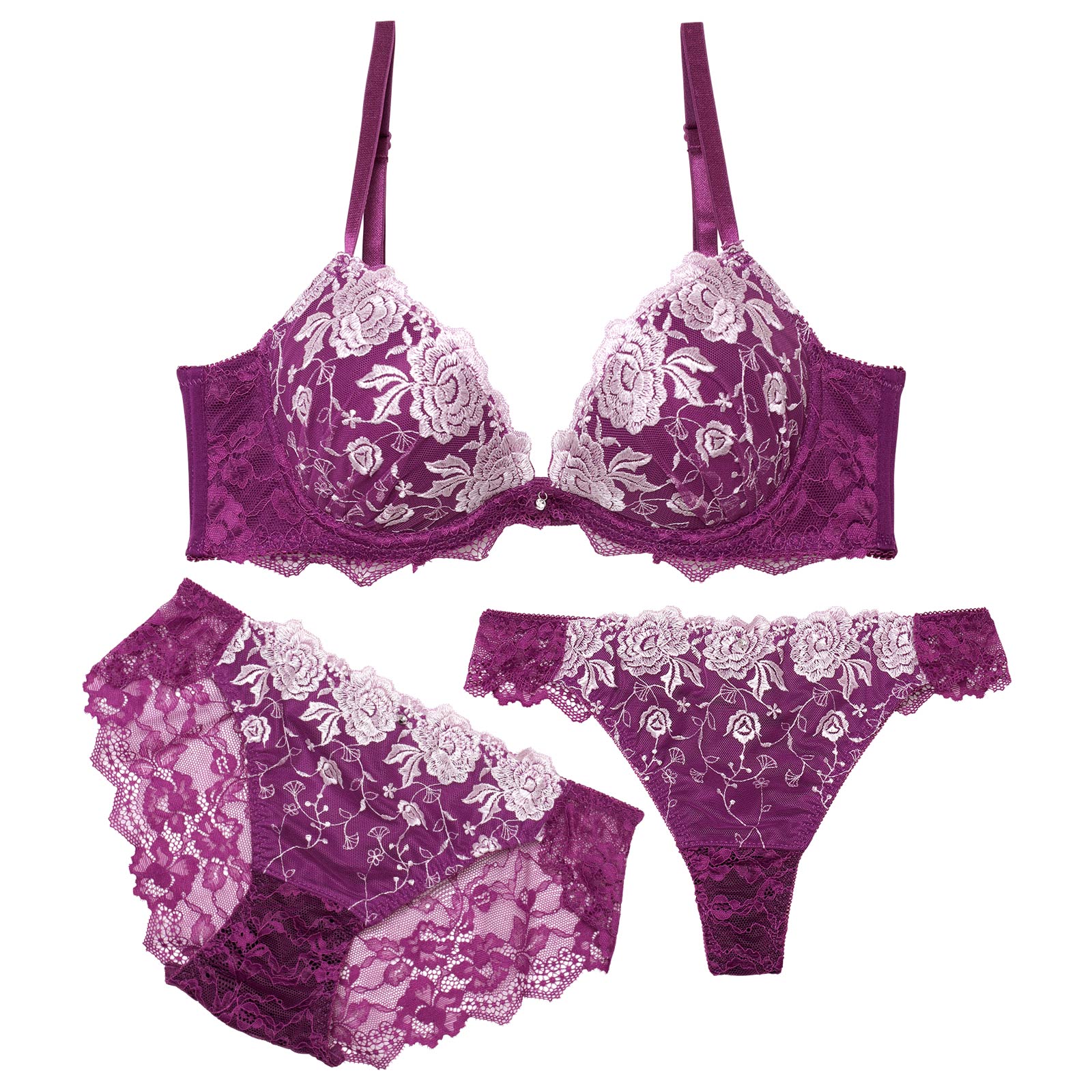 【3点セット】ゴージャスオールドローズ育乳脇高ブラジャー&バック透けフルバック&Tバックショーツ