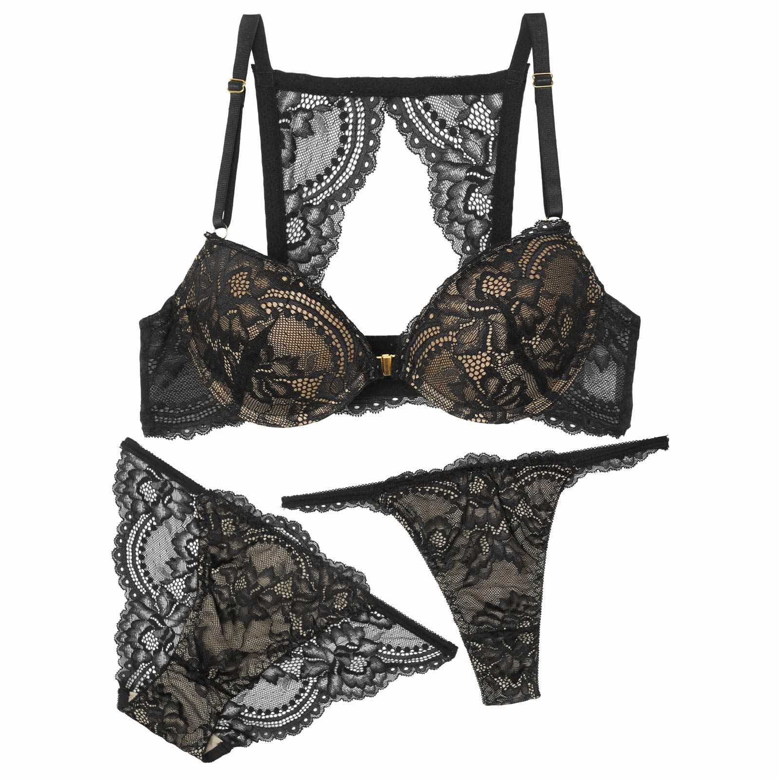 【3点セット】ヌーディバックカットレースフロントホックブラジャー&バック透けフルバック&Tバックショーツ