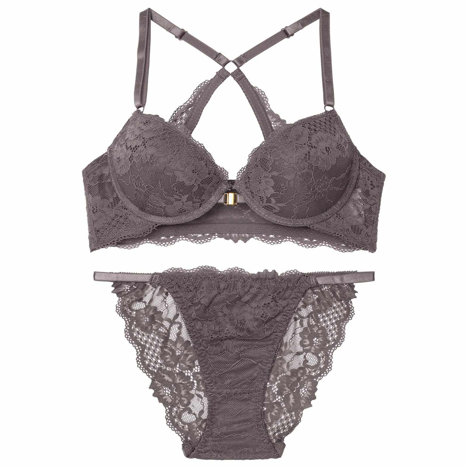 エレガントオールレーシィフロントホックブラジャー&バック透けフルバックショーツ