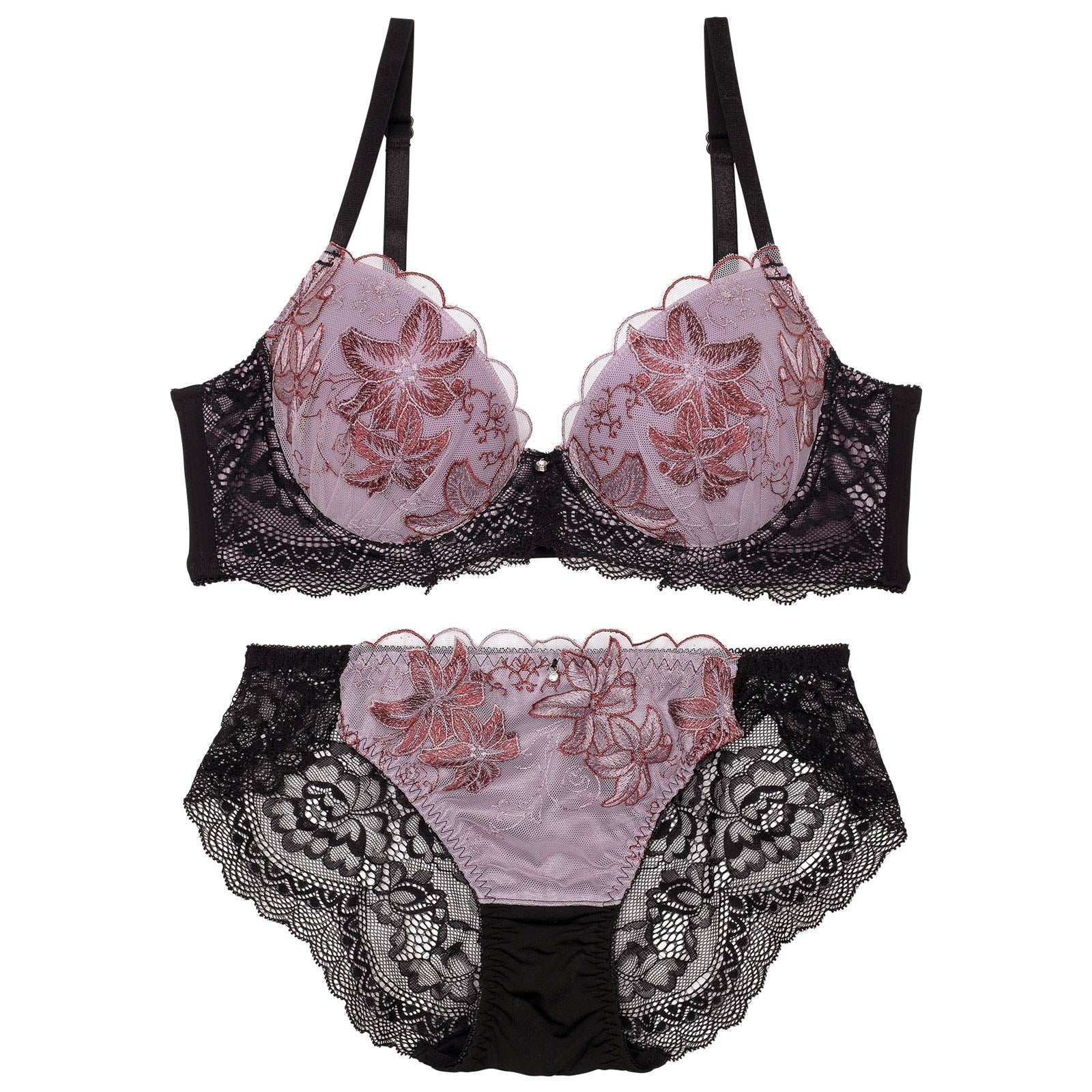 ダスティースカラップリリー育乳脇高ブラジャー&バック透けフルバックショーツ