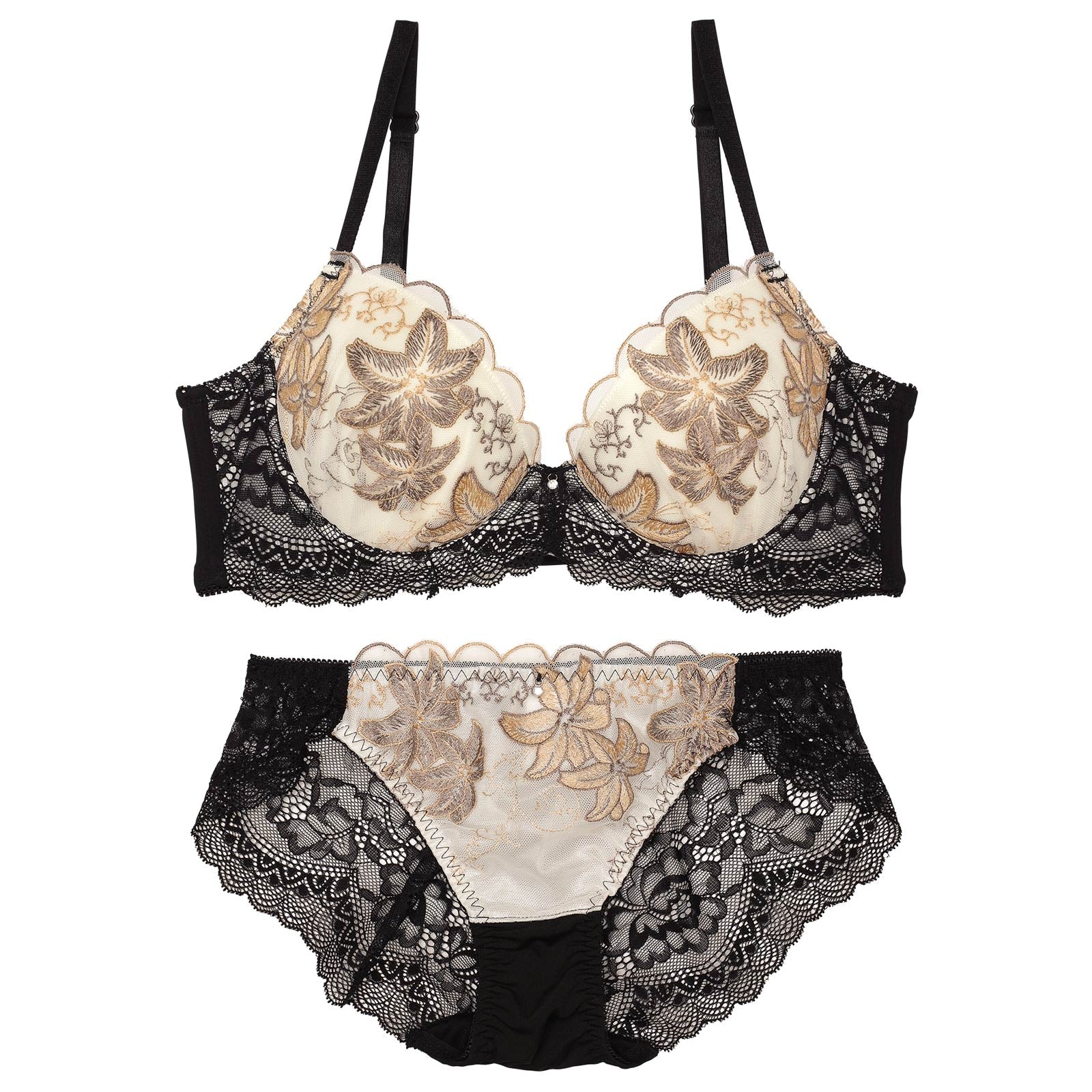 ダスティースカラップリリー育乳脇高ブラジャー&バック透けフルバックショーツ