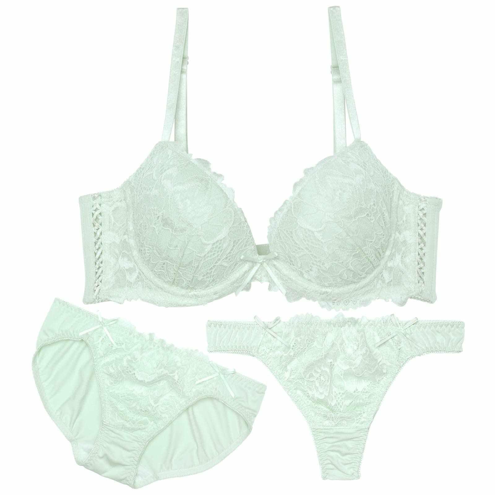 【3点セット】フェアリースピンドルレース育乳脇高ブラジャー&フルバック&Tバックショーツ