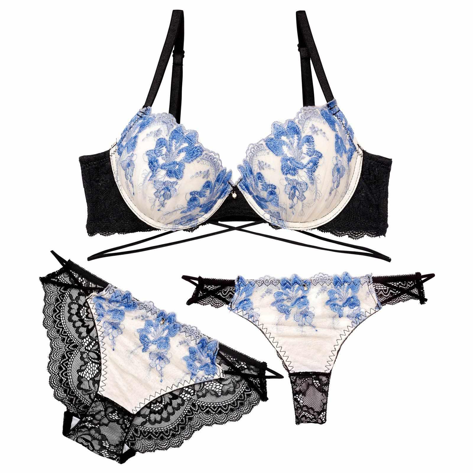 【三上悠亜着用】【3点セット】【GHIサイズ】ブルーミングクロスストリング育乳脇高ブラジャー&バック透けフルバック&Tバックショーツ