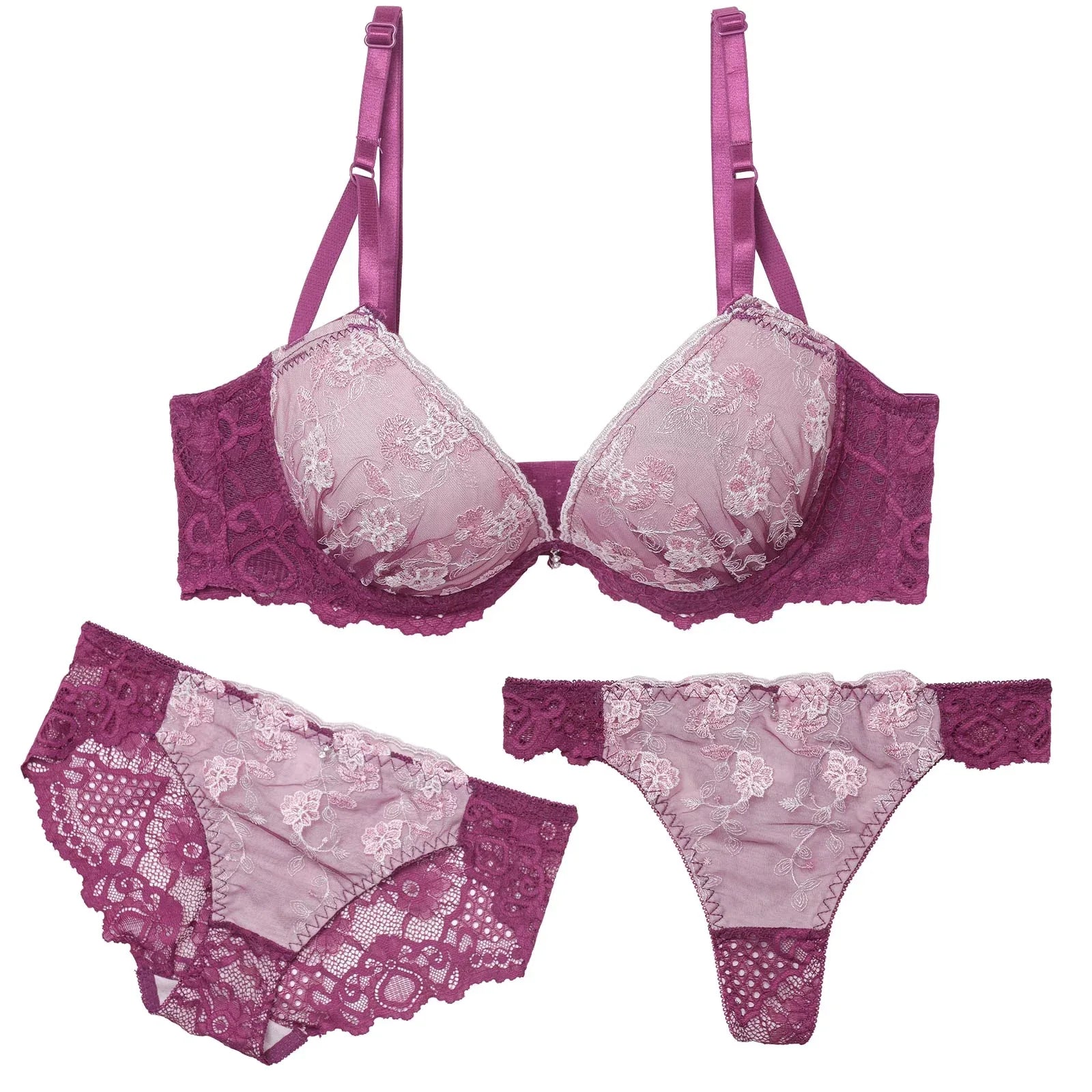 【3点セット】【GHIサイズ】スパークルシアーブルーム育乳脇高ブラジャー&バック透けフルバック&Tバックショーツ