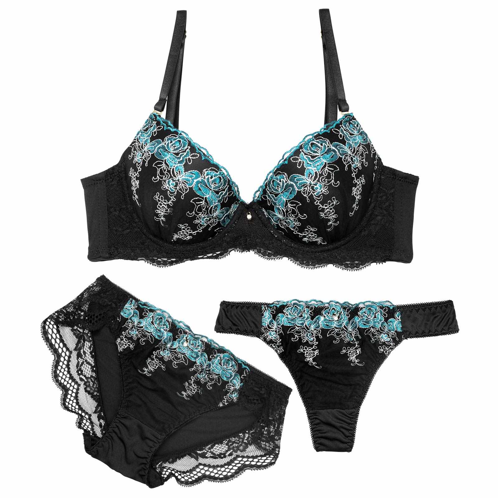 【3点セット】【GHIサイズ】ビビットスカラップローズ育乳脇高ブラジャー&フルバック&Tバックショーツ