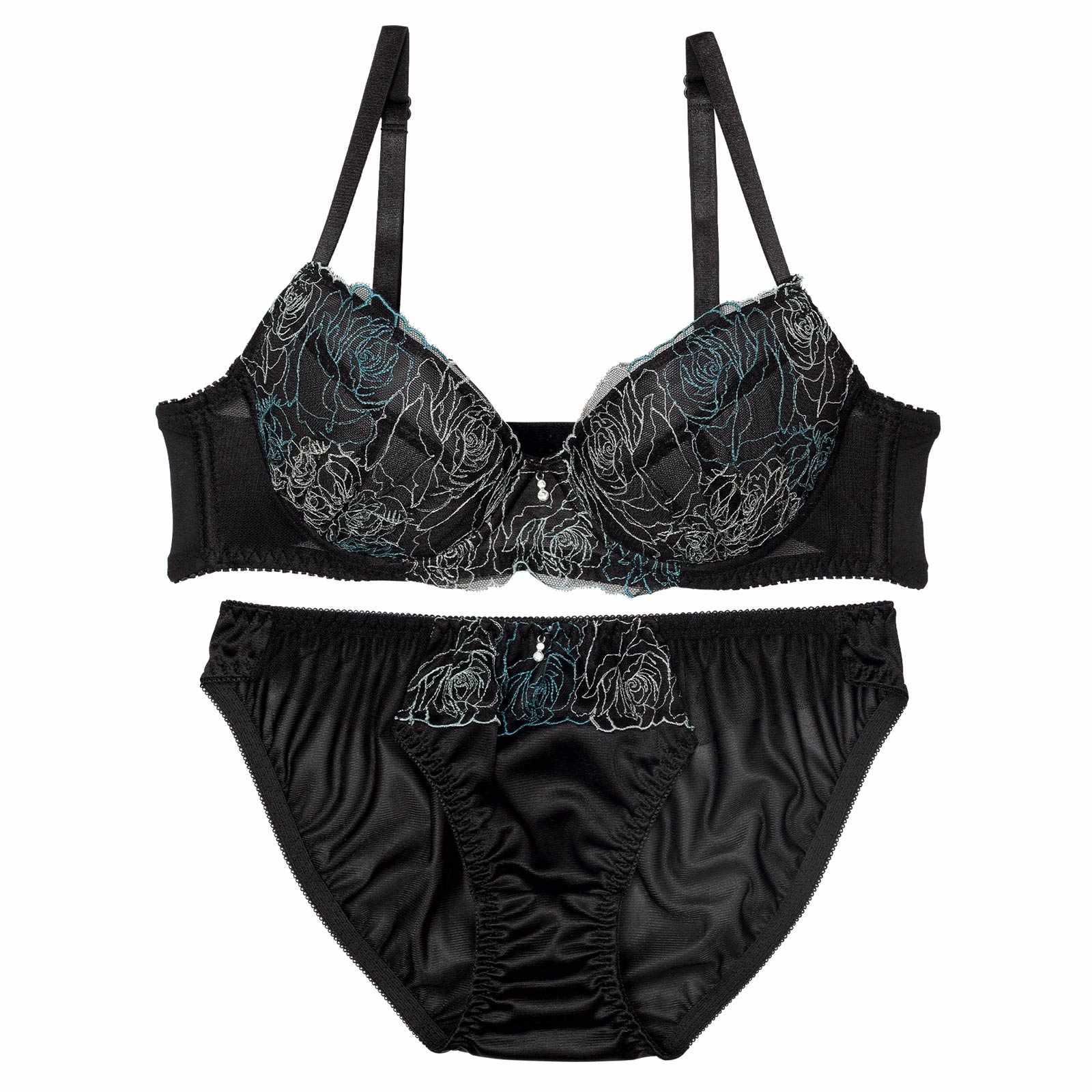 ミッドナイトチュールローズブラジャー&フルバックショーツ