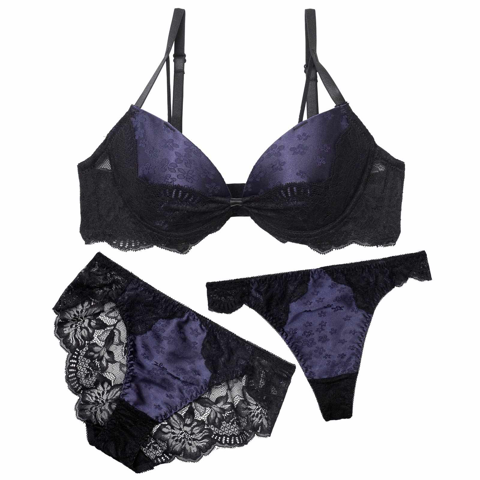 2/28再販!【3点セット】【GHIサイズ】グロスサテンリボンレースブラジャー&バック透けフルバック&Tバックショーツ
