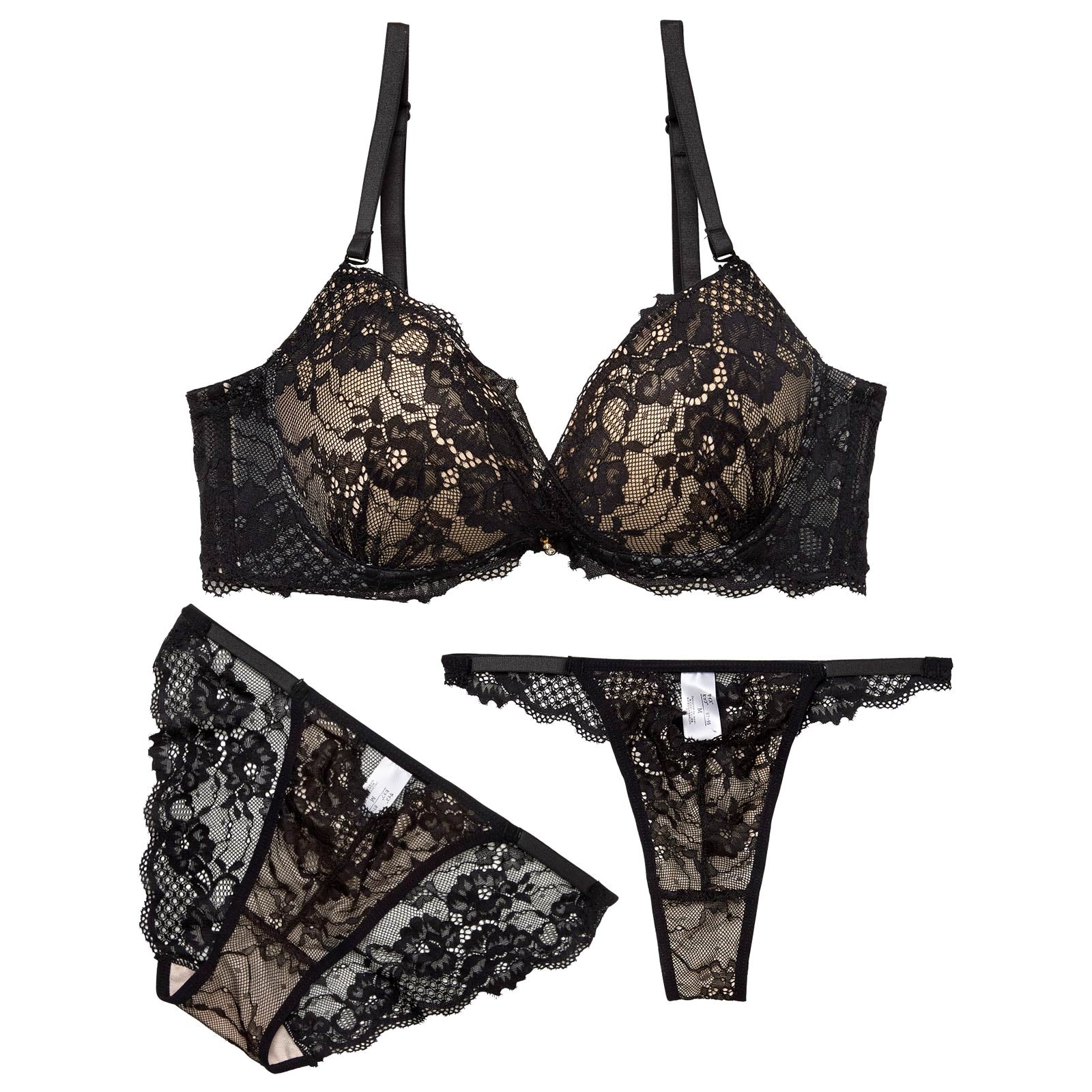 【3点セット】カシュクールヌーディーレース育乳脇高ブラジャー&バック透けフルバック&Tバックショーツ