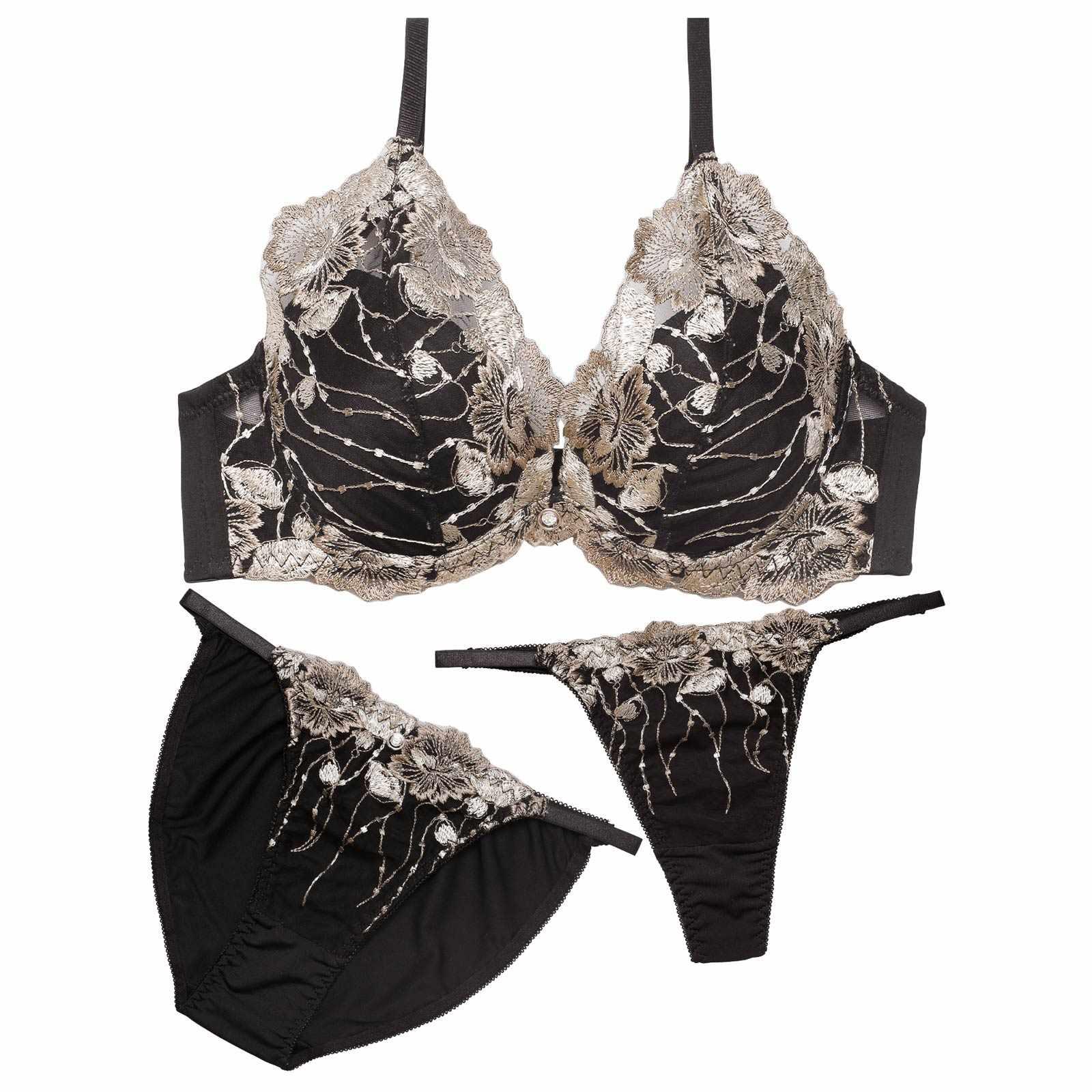 2/26再販!【3点セット】ラグジュアリーフローラルブラジャー&フルバック&Tバックショーツ